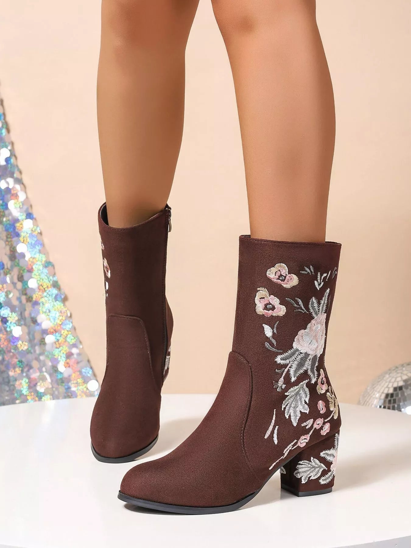 Floral Embroidered Block Heel Boots - Flip Flop Dynasty