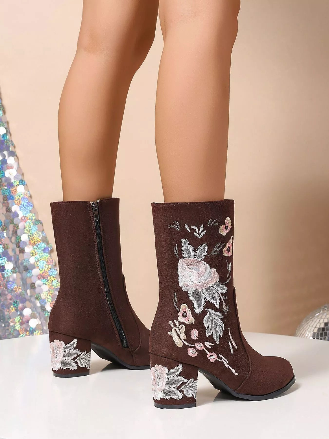 Floral Embroidered Block Heel Boots - Flip Flop Dynasty