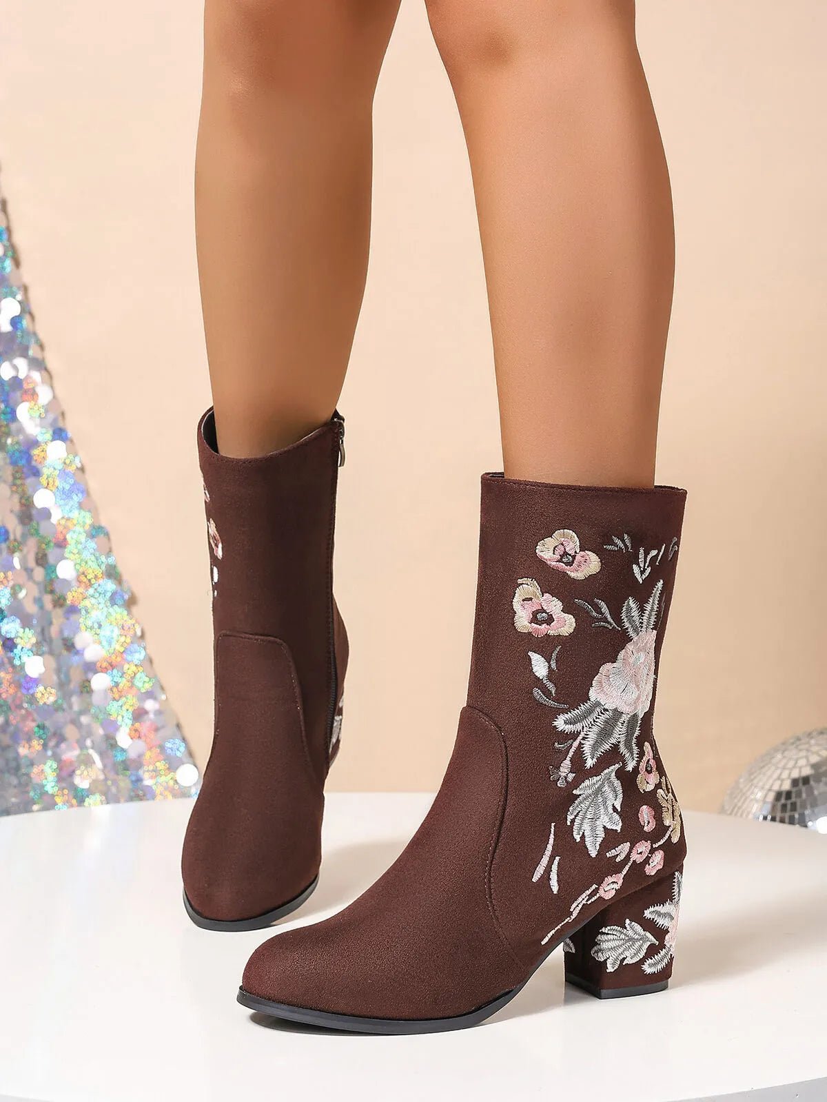 Floral Embroidered Block Heel Boots - Flip Flop Dynasty