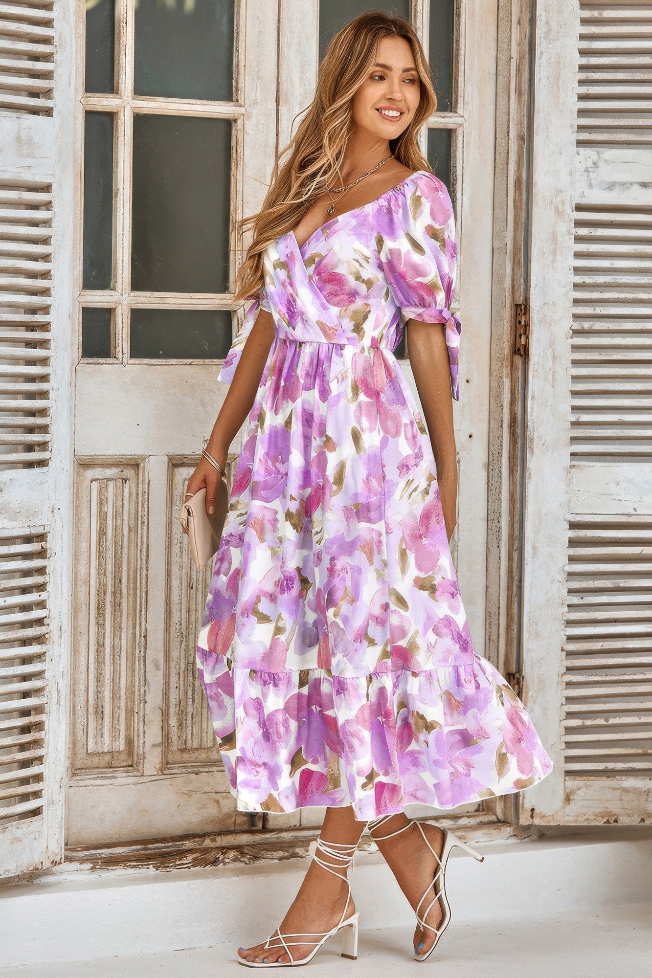 Floral Paint Short Sleeve Tie Cuff Surplice Dress - Flip Flop Dynasty