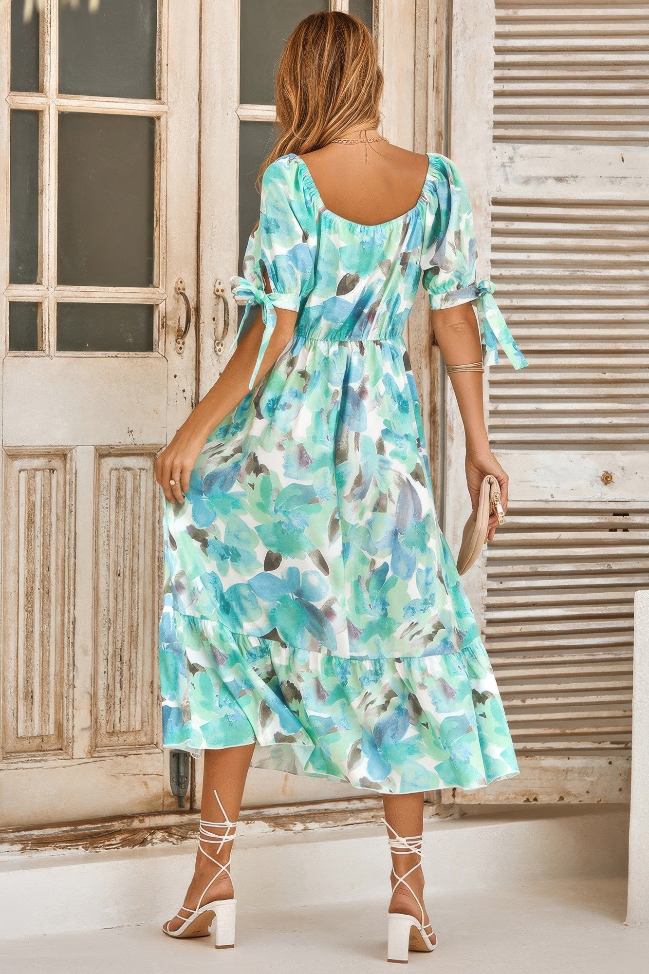 Floral Paint Short Sleeve Tie Cuff Surplice Dress - Flip Flop Dynasty