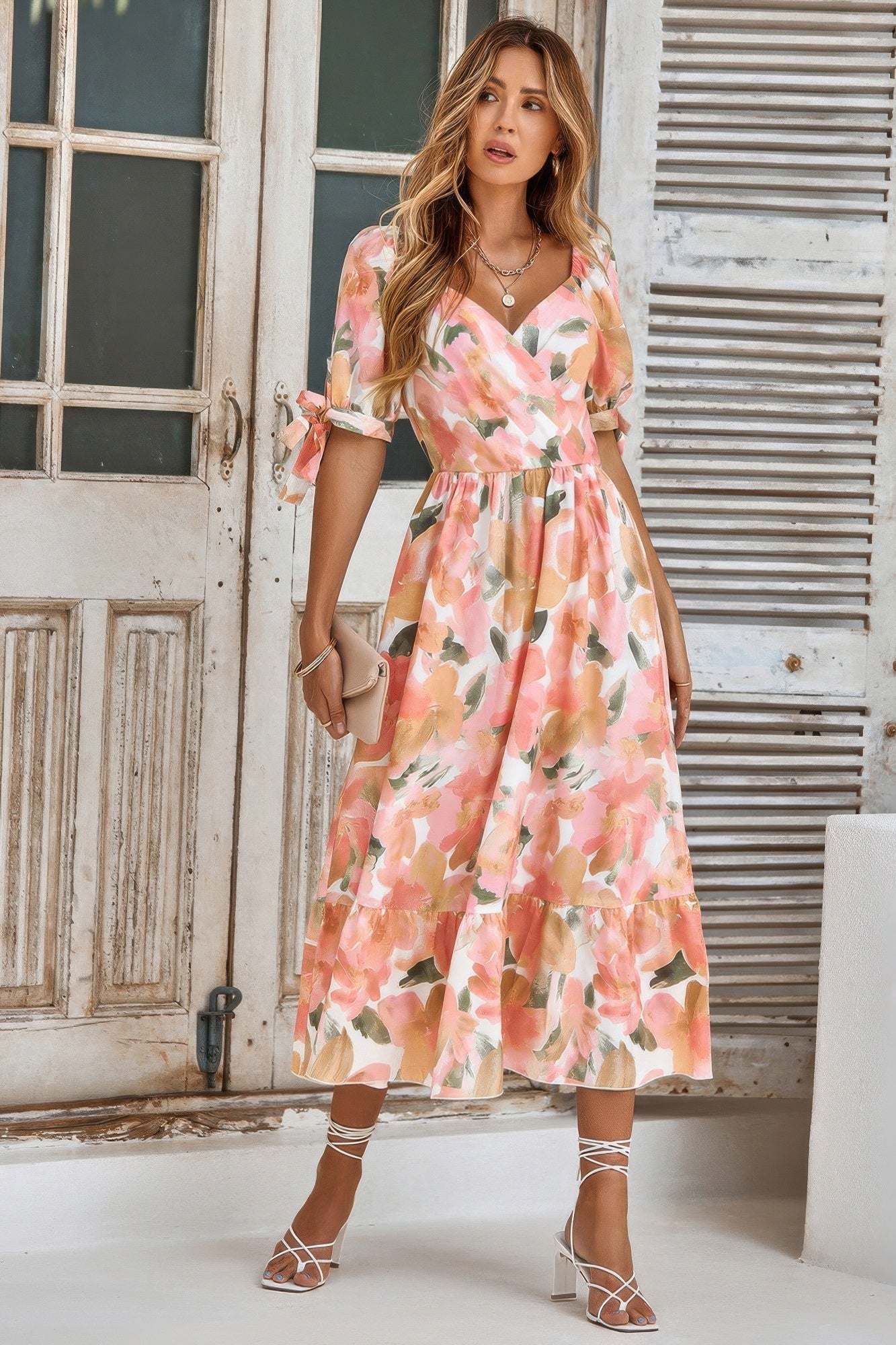 Floral Paint Short Sleeve Tie Cuff Surplice Dress - Flip Flop Dynasty