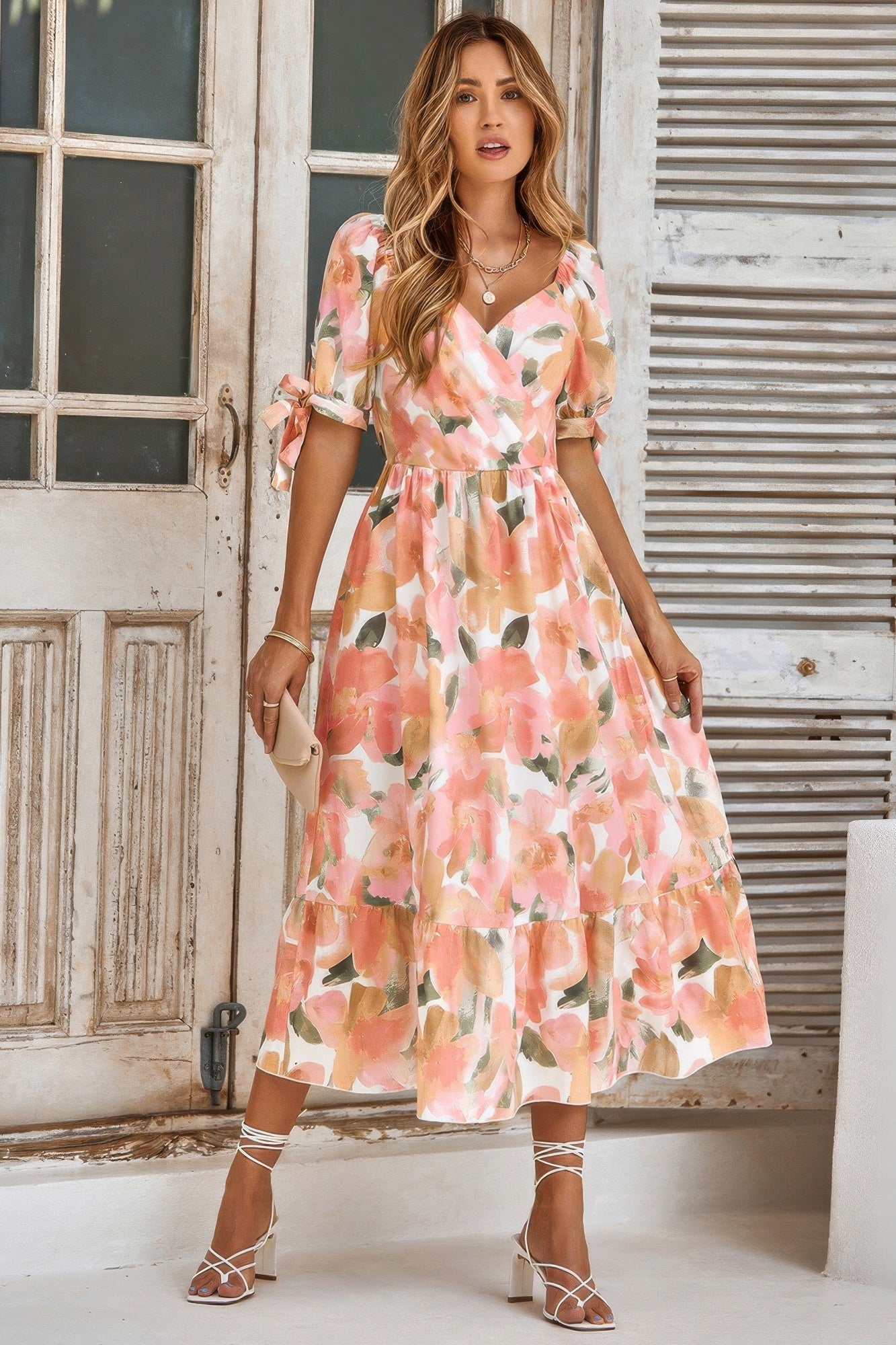Floral Paint Short Sleeve Tie Cuff Surplice Dress - Flip Flop Dynasty