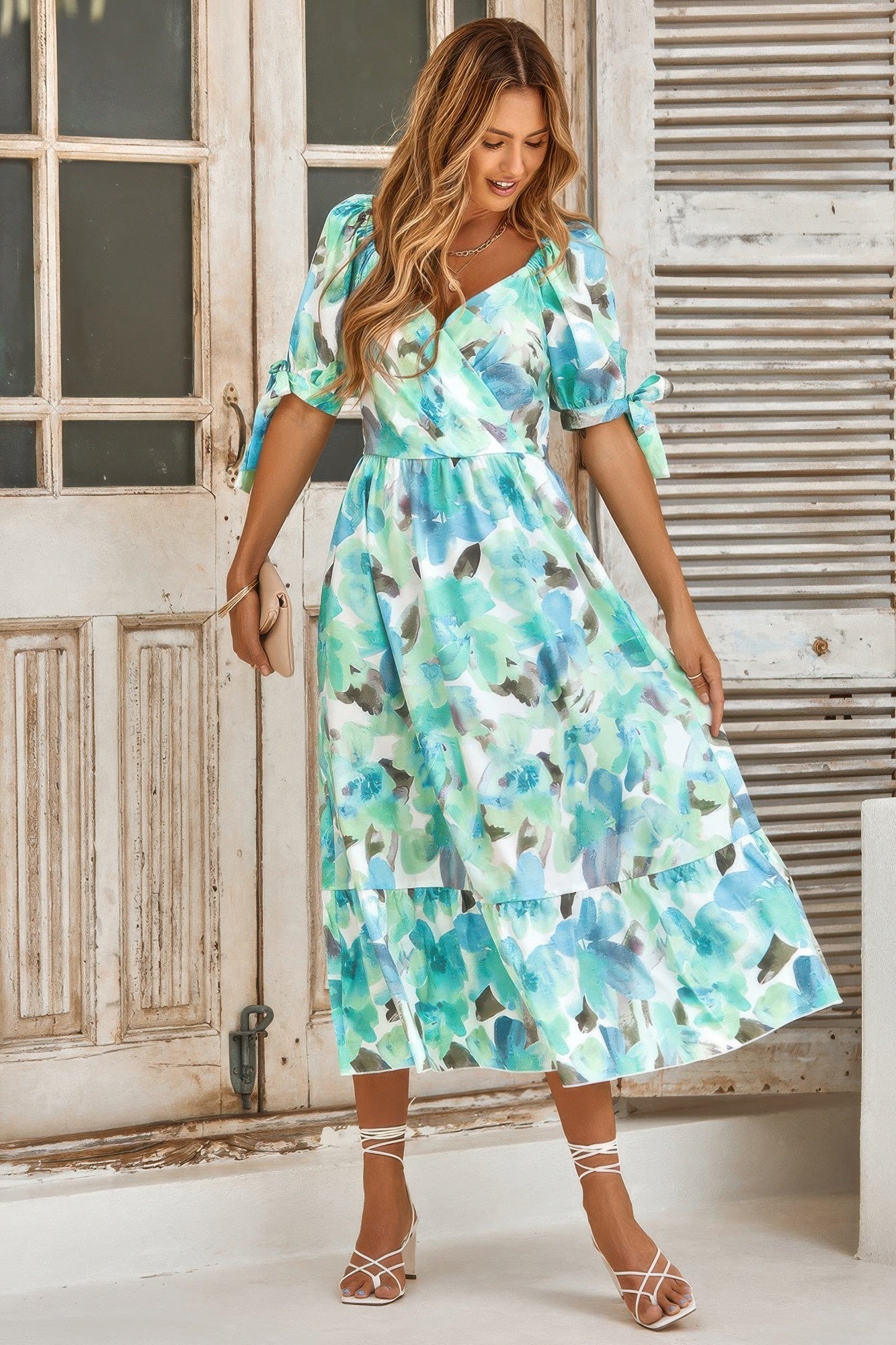 Floral Paint Short Sleeve Tie Cuff Surplice Dress - Flip Flop Dynasty