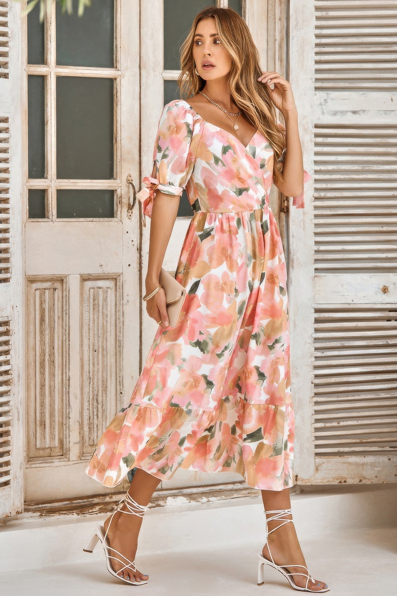 Floral Paint Short Sleeve Tie Cuff Surplice Dress - Flip Flop Dynasty