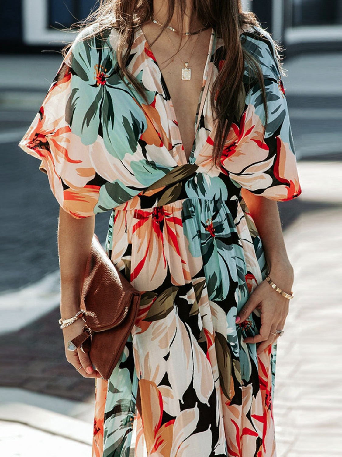 Floral Plunge Half Sleeve Dress - Flip Flop Dynasty