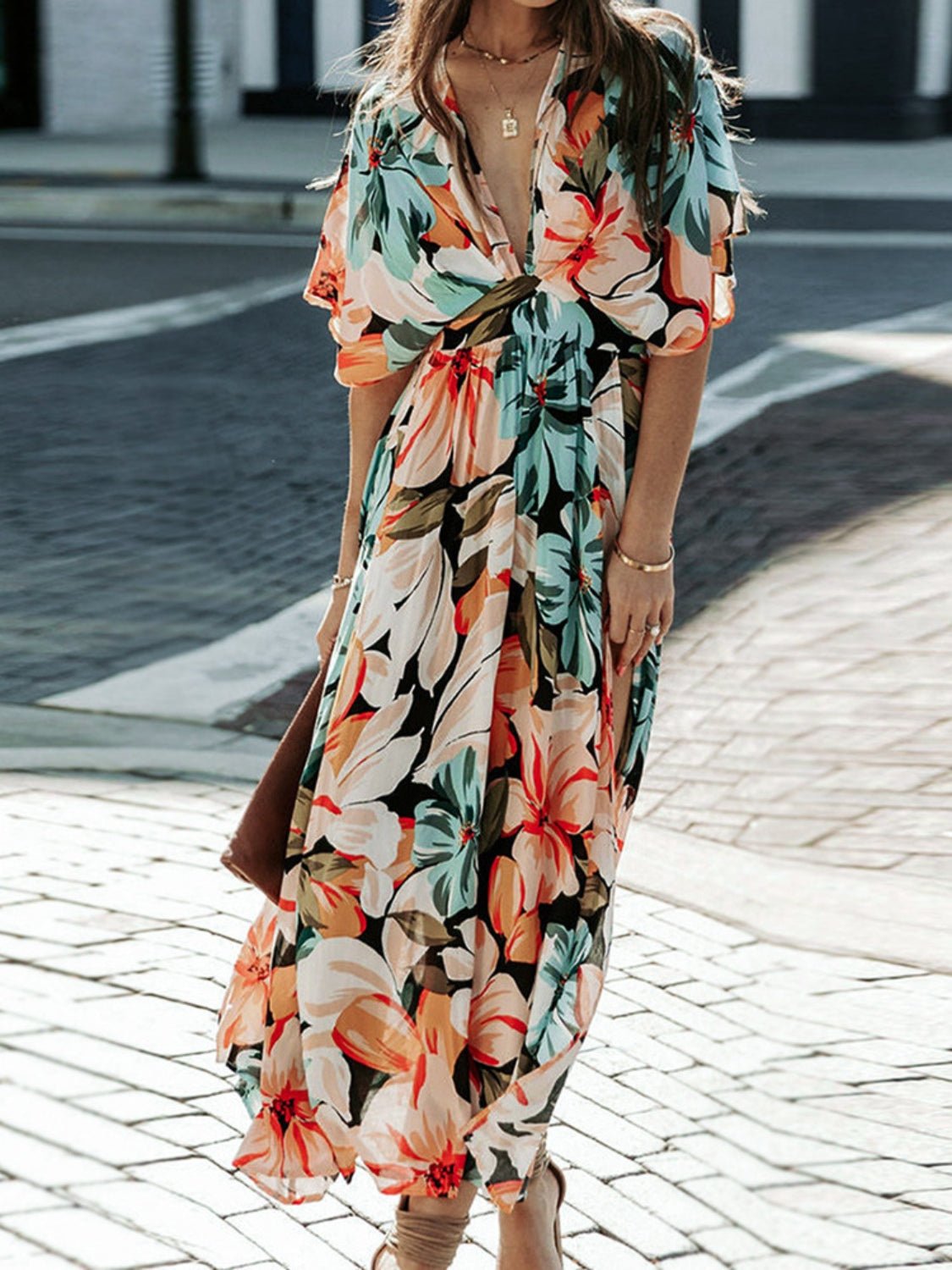 Floral Plunge Half Sleeve Dress - Flip Flop Dynasty