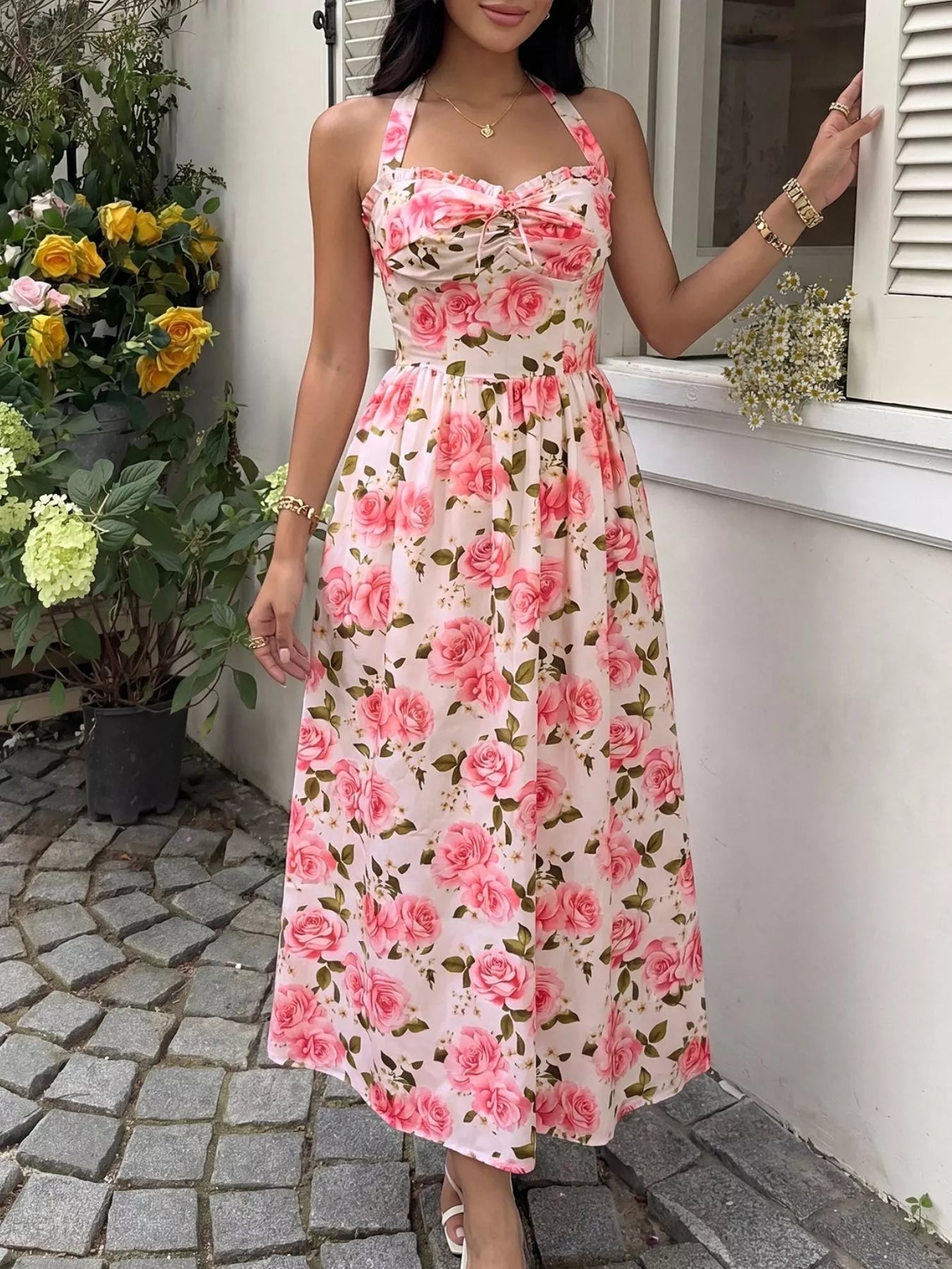 Floral Print Halter Neck Midi Dress - Flip Flop Dynasty