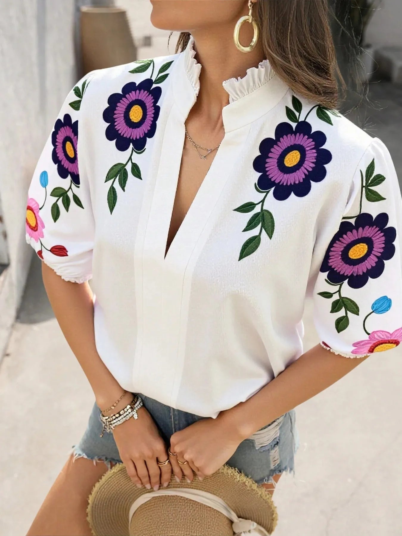 Floral Print Notched Puff Sleeve Blouse - Flip Flop Dynasty