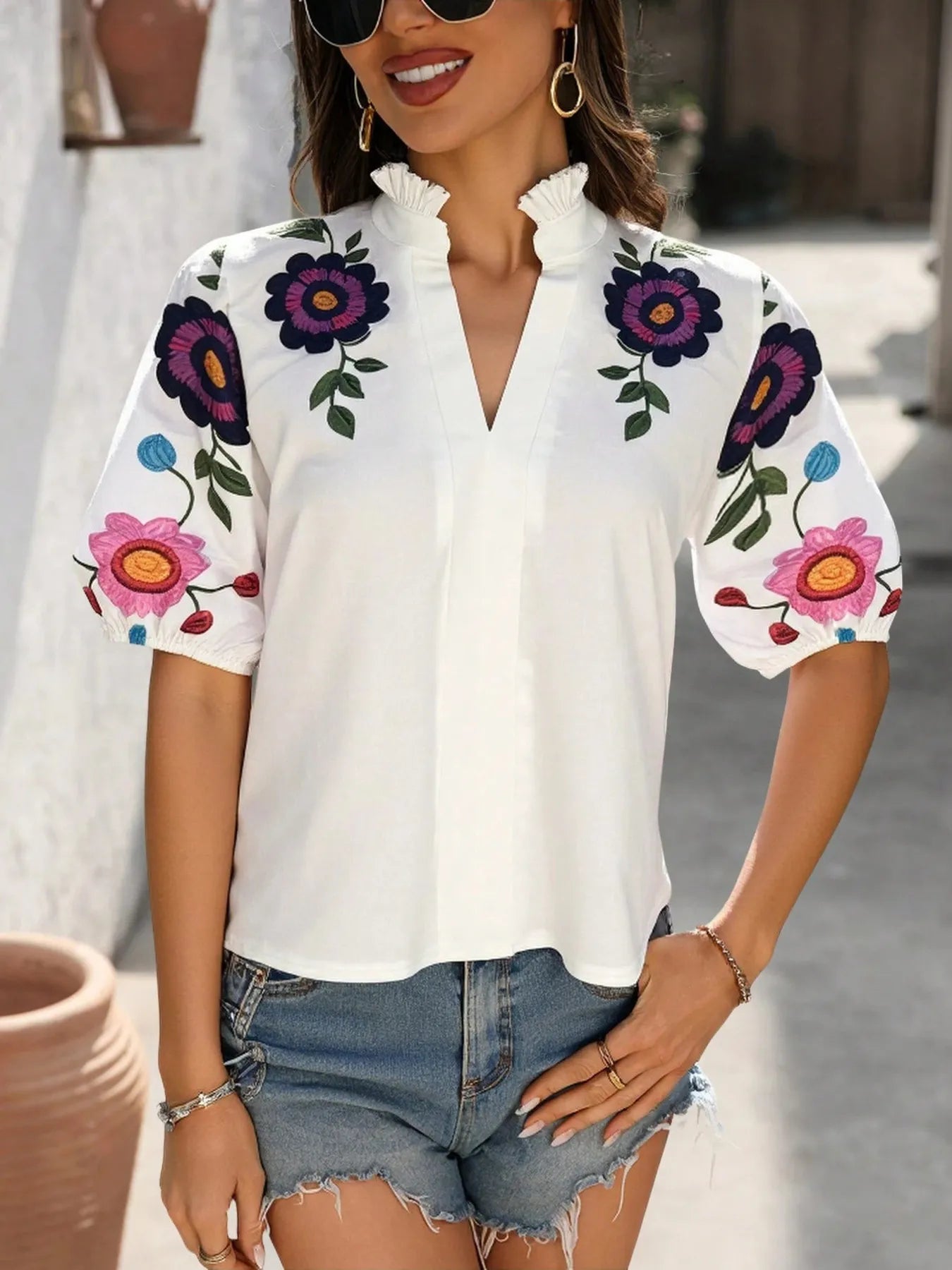 Floral Print Notched Puff Sleeve Blouse - Flip Flop Dynasty