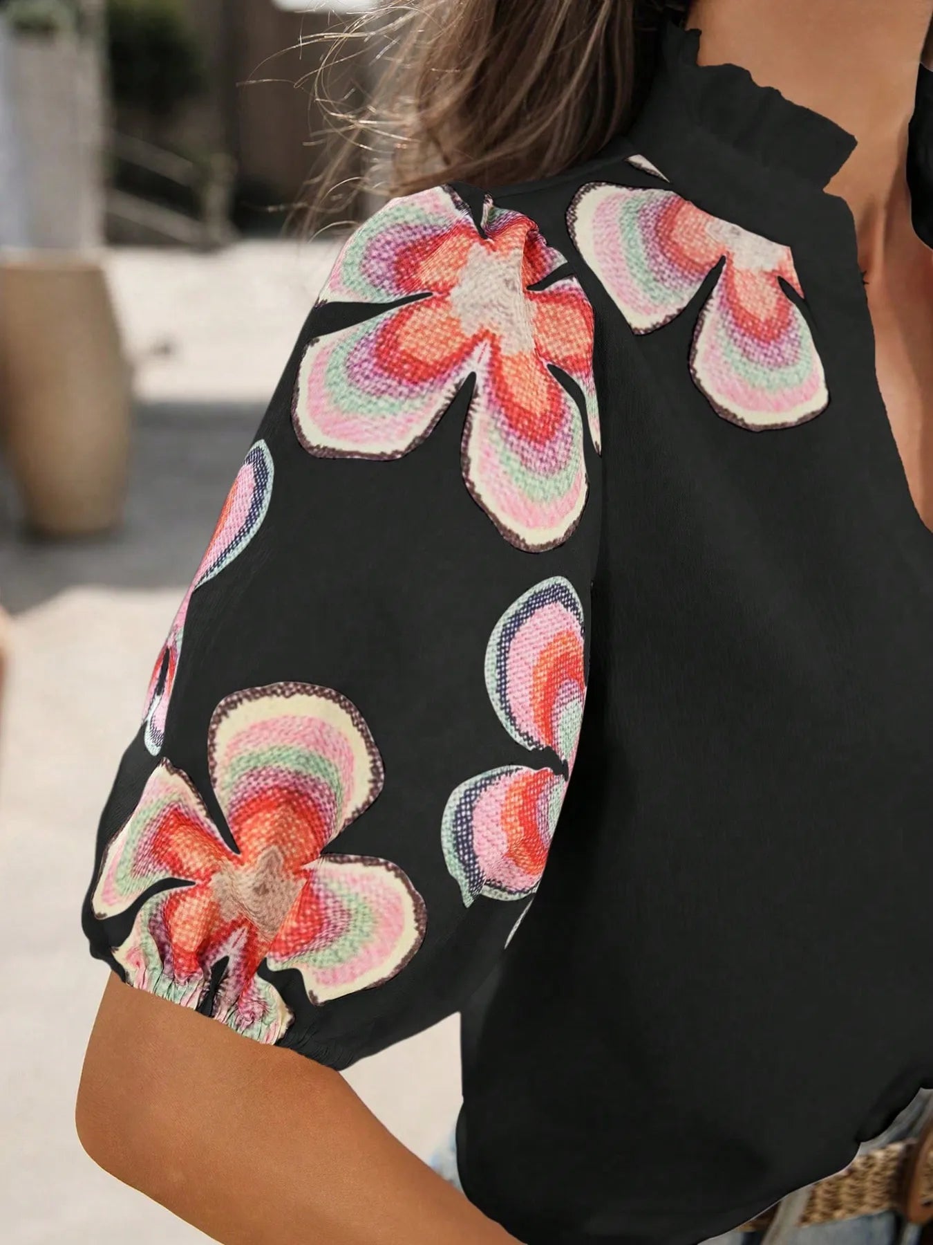 Floral Print Notched Puff Sleeve Blouse - Flip Flop Dynasty