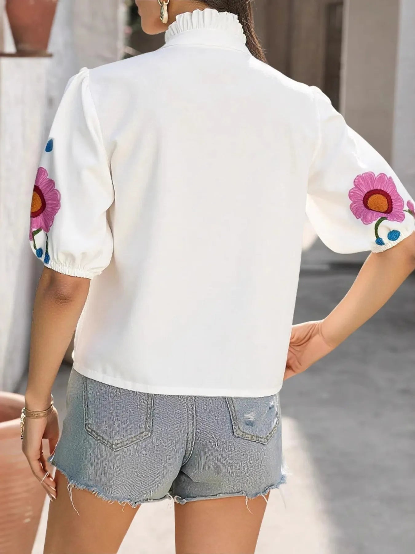 Floral Print Notched Puff Sleeve Blouse - Flip Flop Dynasty
