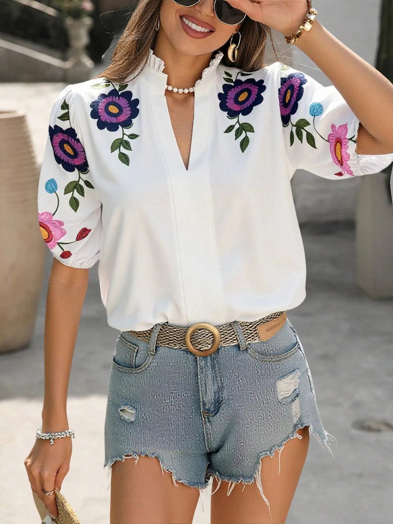 Floral Print Notched Puff Sleeve Blouse - Flip Flop Dynasty