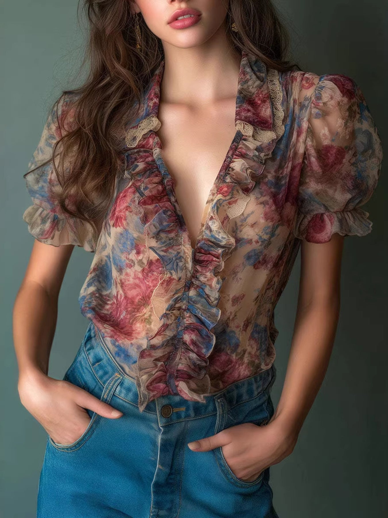 Floral Print Ruffle Trim Blouse - Flip Flop Dynasty