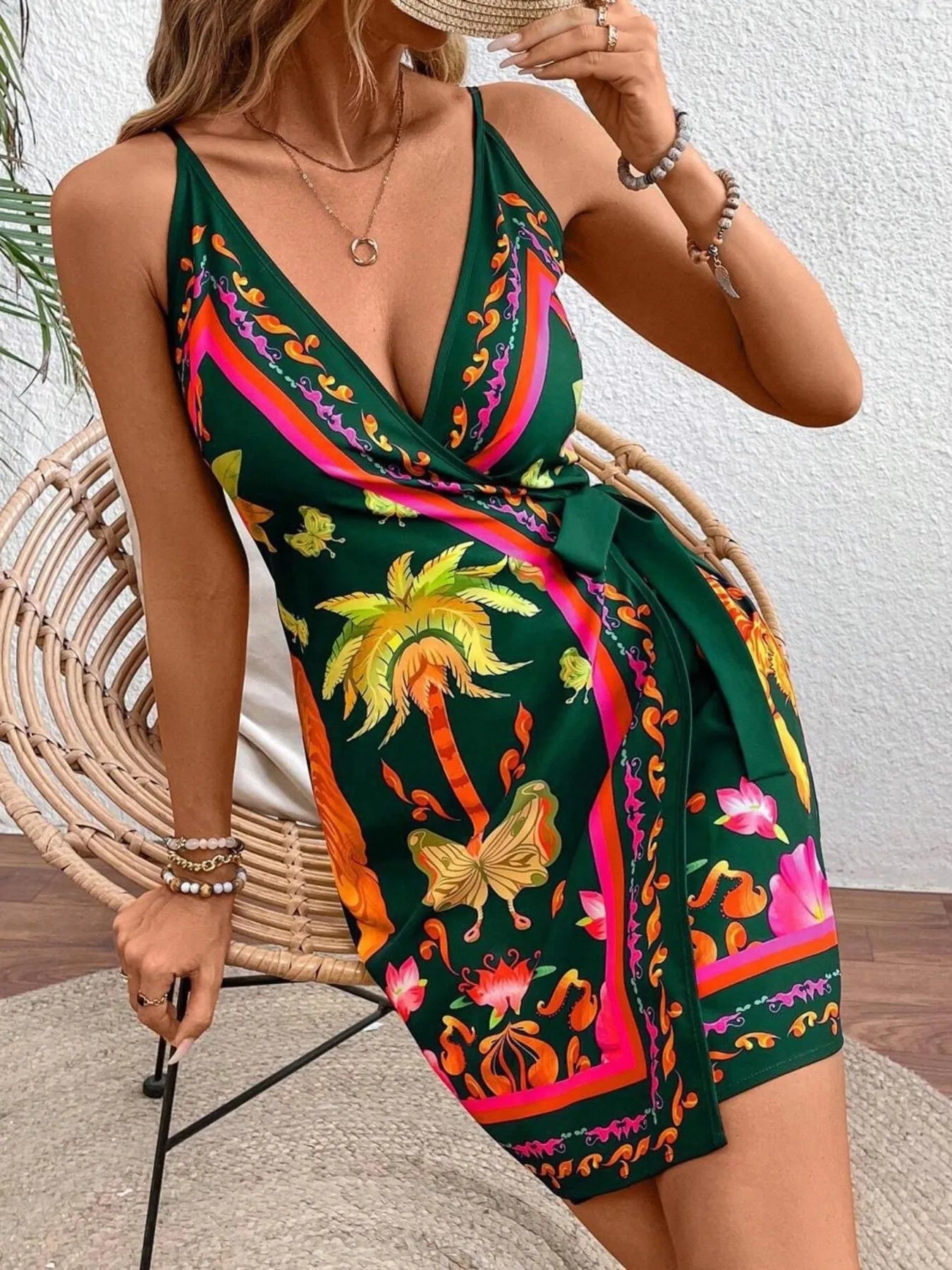 Floral Print Spaghetti Strap Wrap Mini Dress - Flip Flop Dynasty