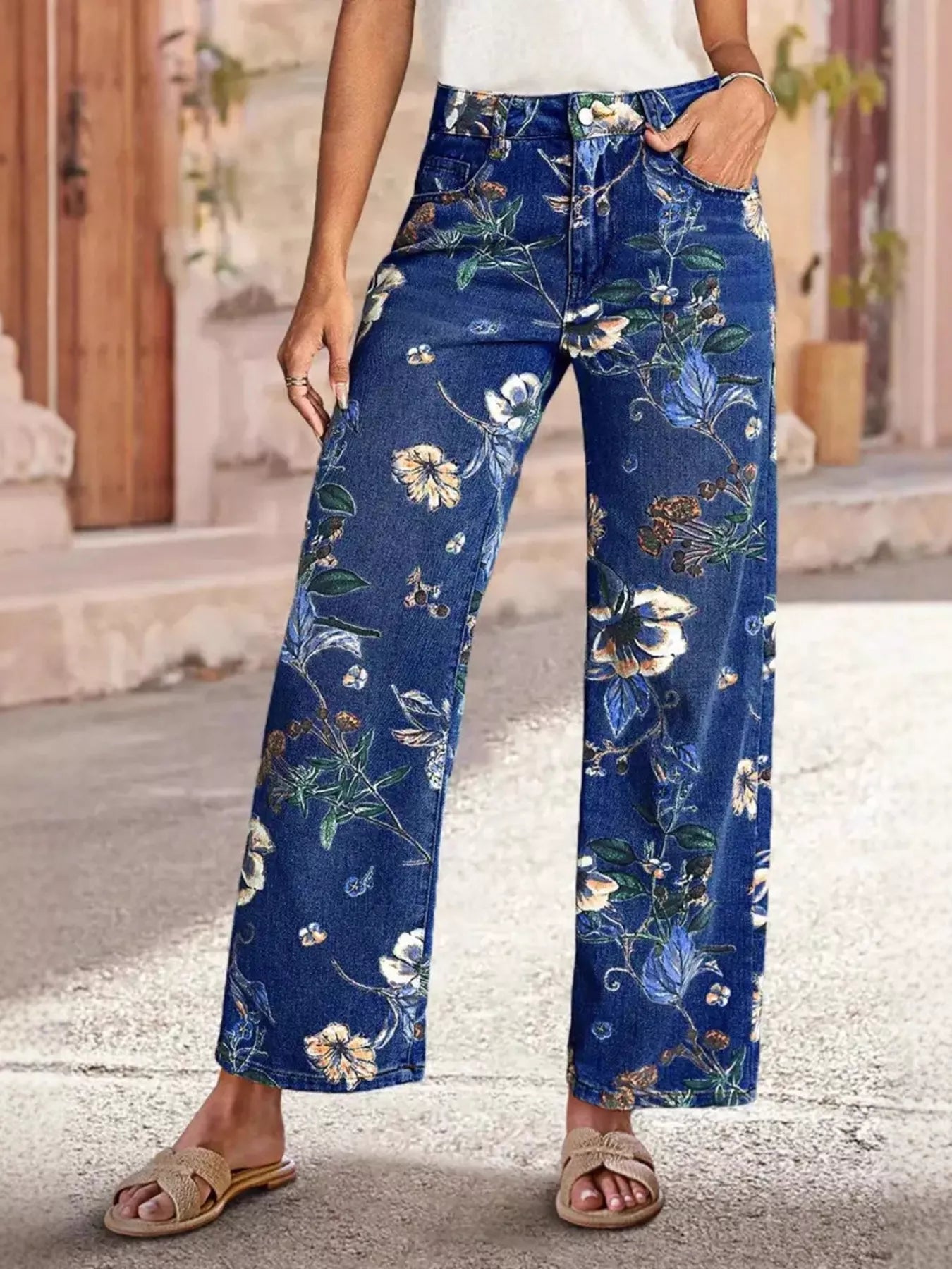 Floral Print Wide Leg Jeans - Flip Flop Dynasty