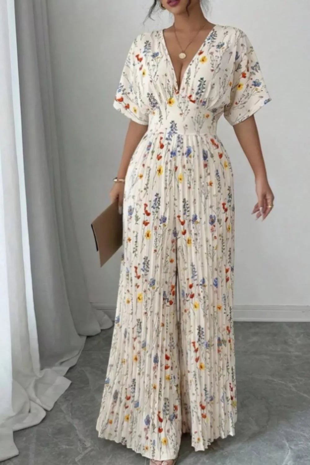 Floral Print Wide Leg Pleated Jumpsuit - Flip Flop Dynasty