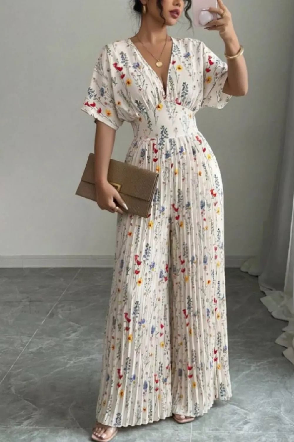 Floral Print Wide Leg Pleated Jumpsuit - Flip Flop Dynasty