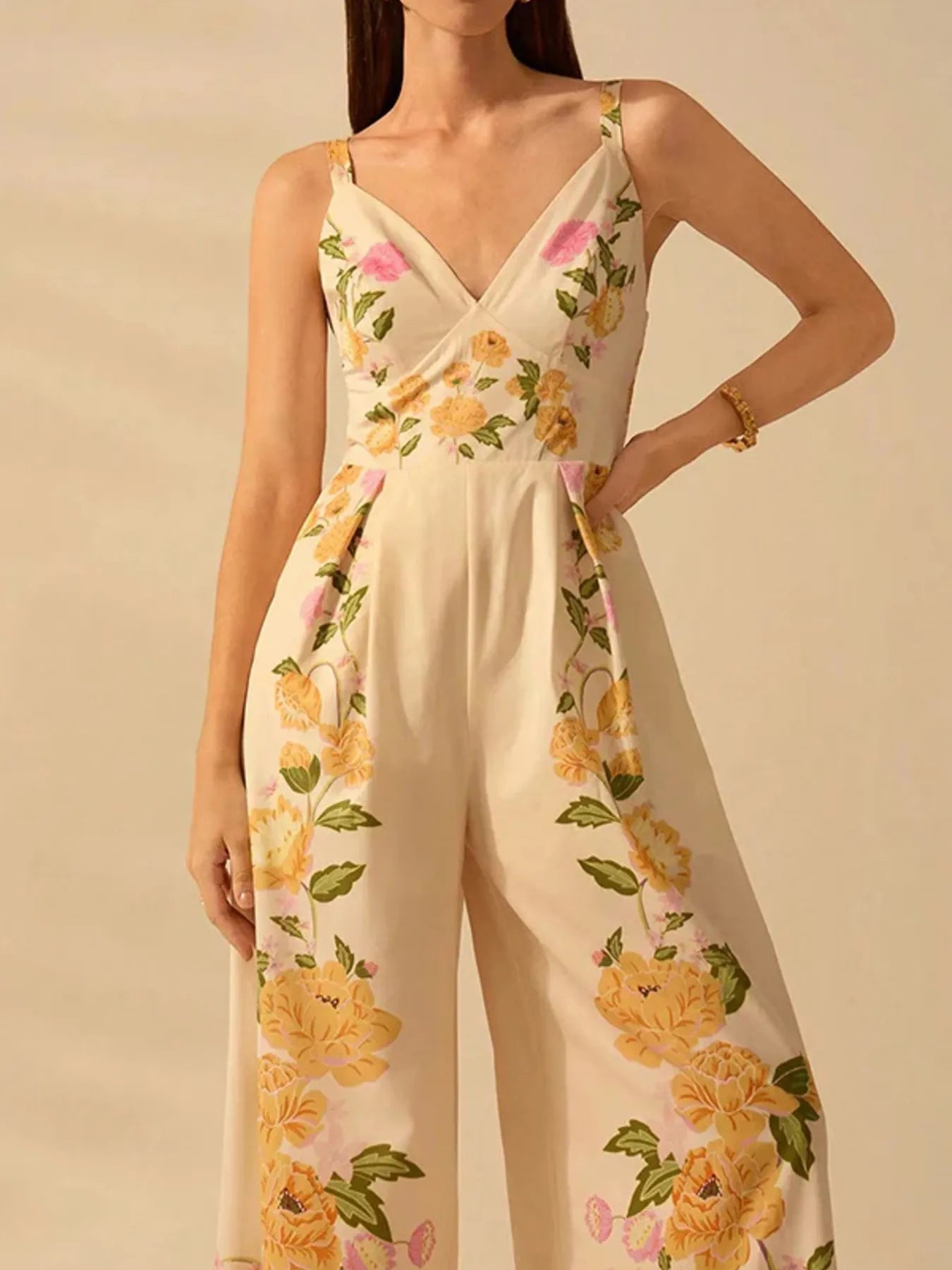 Floral Print Wide - Leg V - Neck Cami Jumpsuit - Flip Flop Dynasty