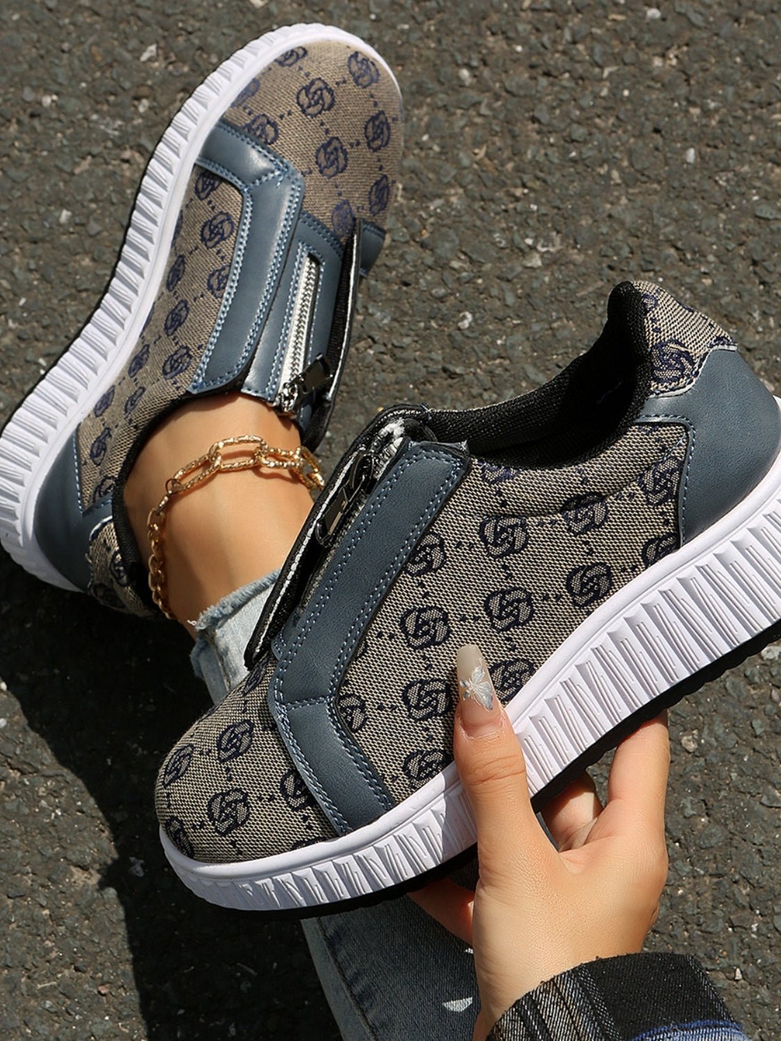 Floral Round Toe Sneakers with Zip - Flip Flop Dynasty
