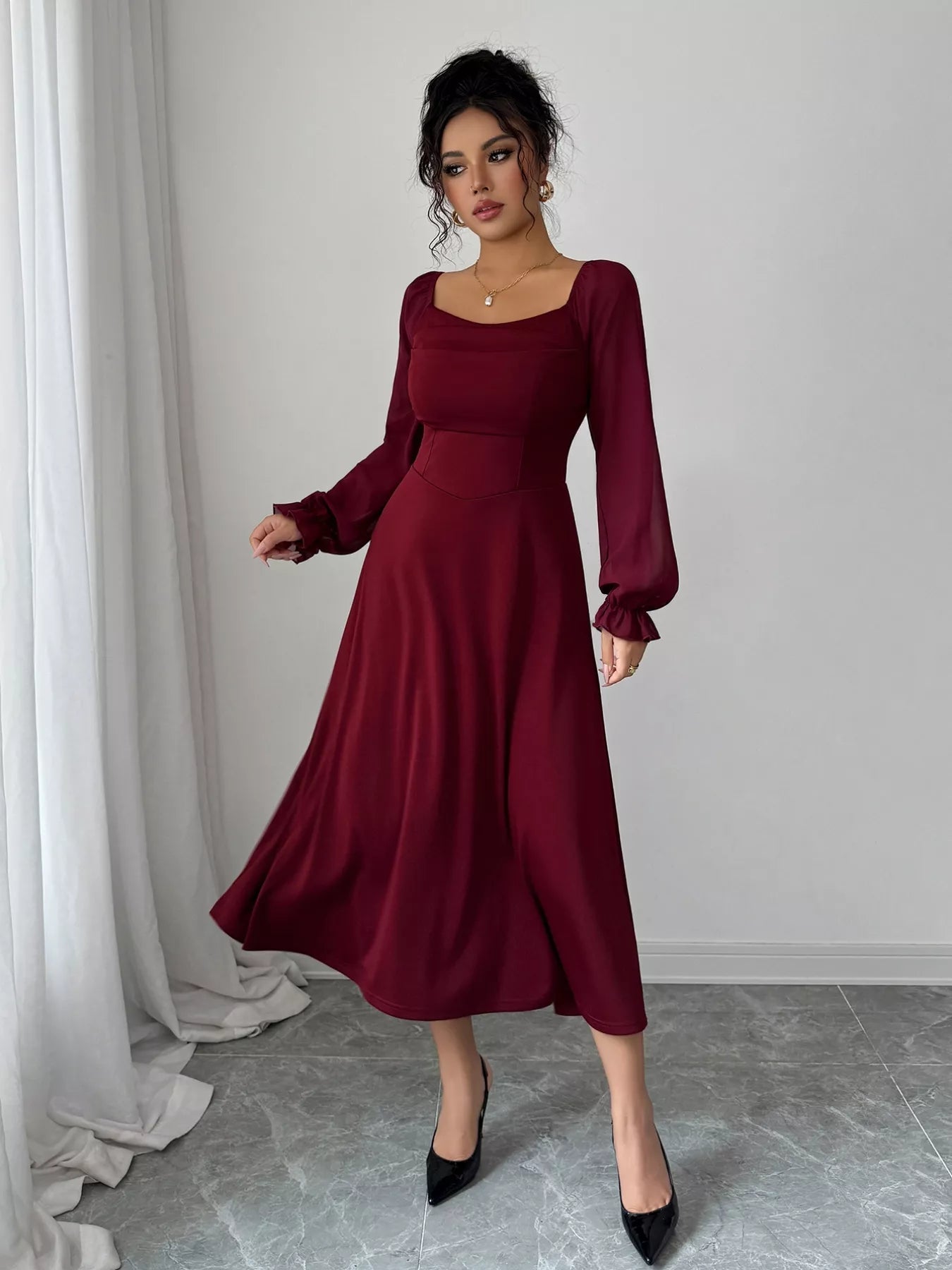 Flounce Sleeve A - Line Midi Dress - Flip Flop Dynasty