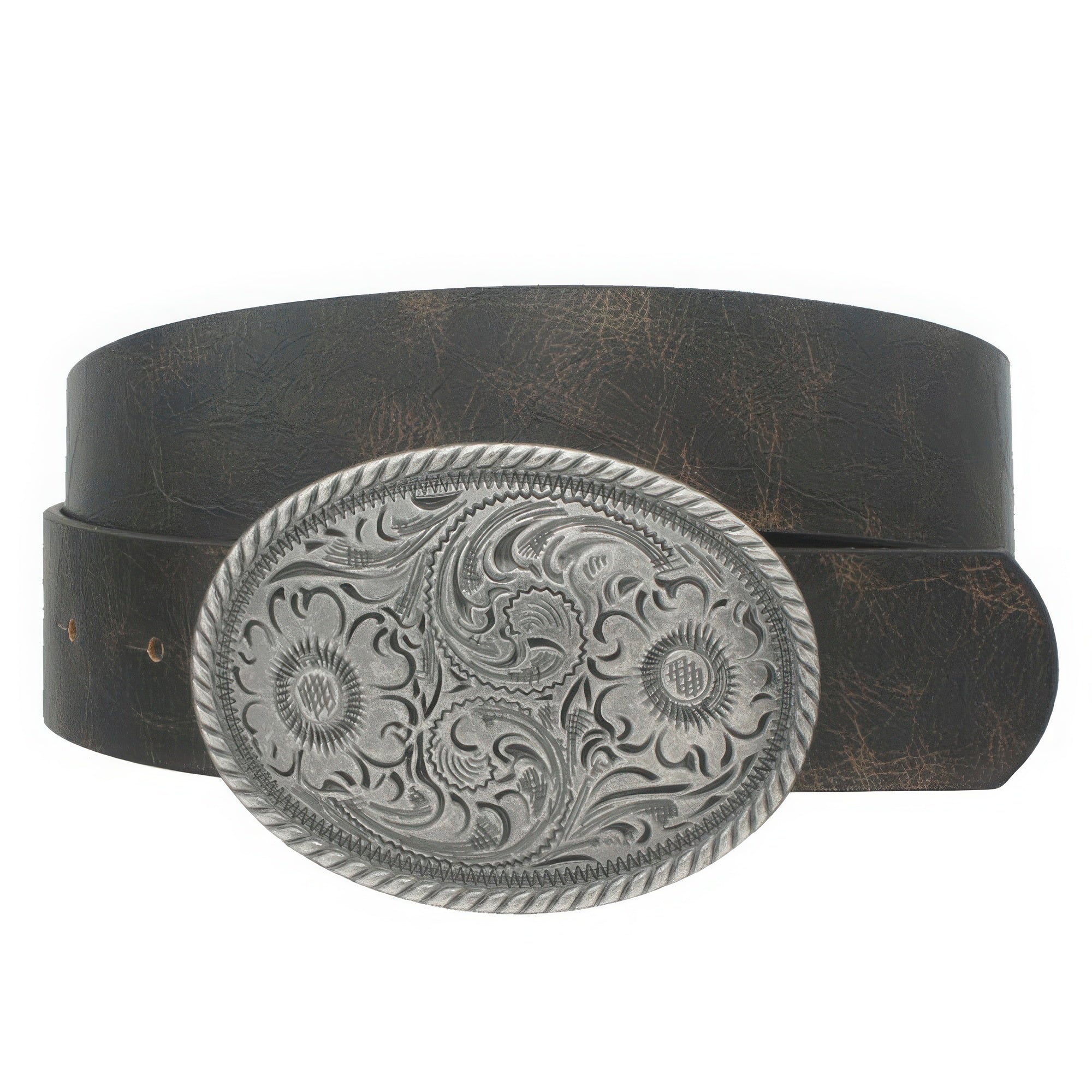 Flower Embossed Oval Buckle Vintage Strap Belt - Flip Flop Dynasty