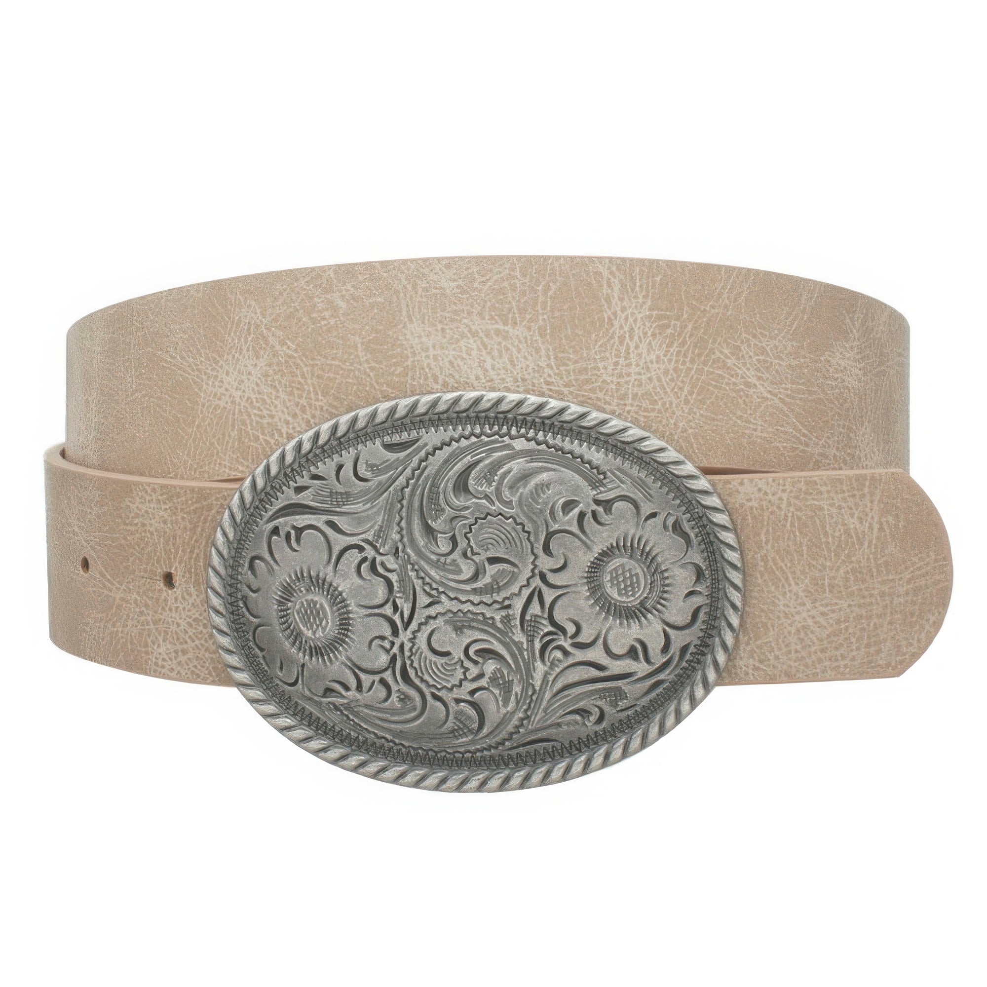 Flower Embossed Oval Buckle Vintage Strap Belt - Flip Flop Dynasty