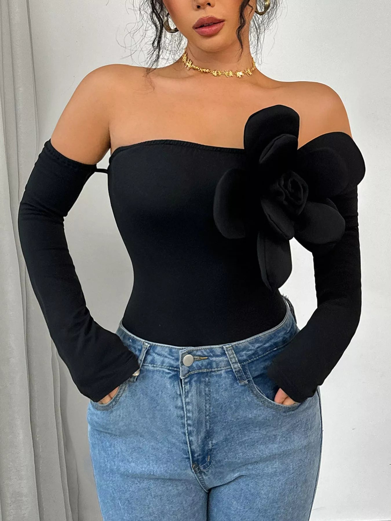 Flower Off - Shoulder Long Sleeve Bodysuit - Flip Flop Dynasty