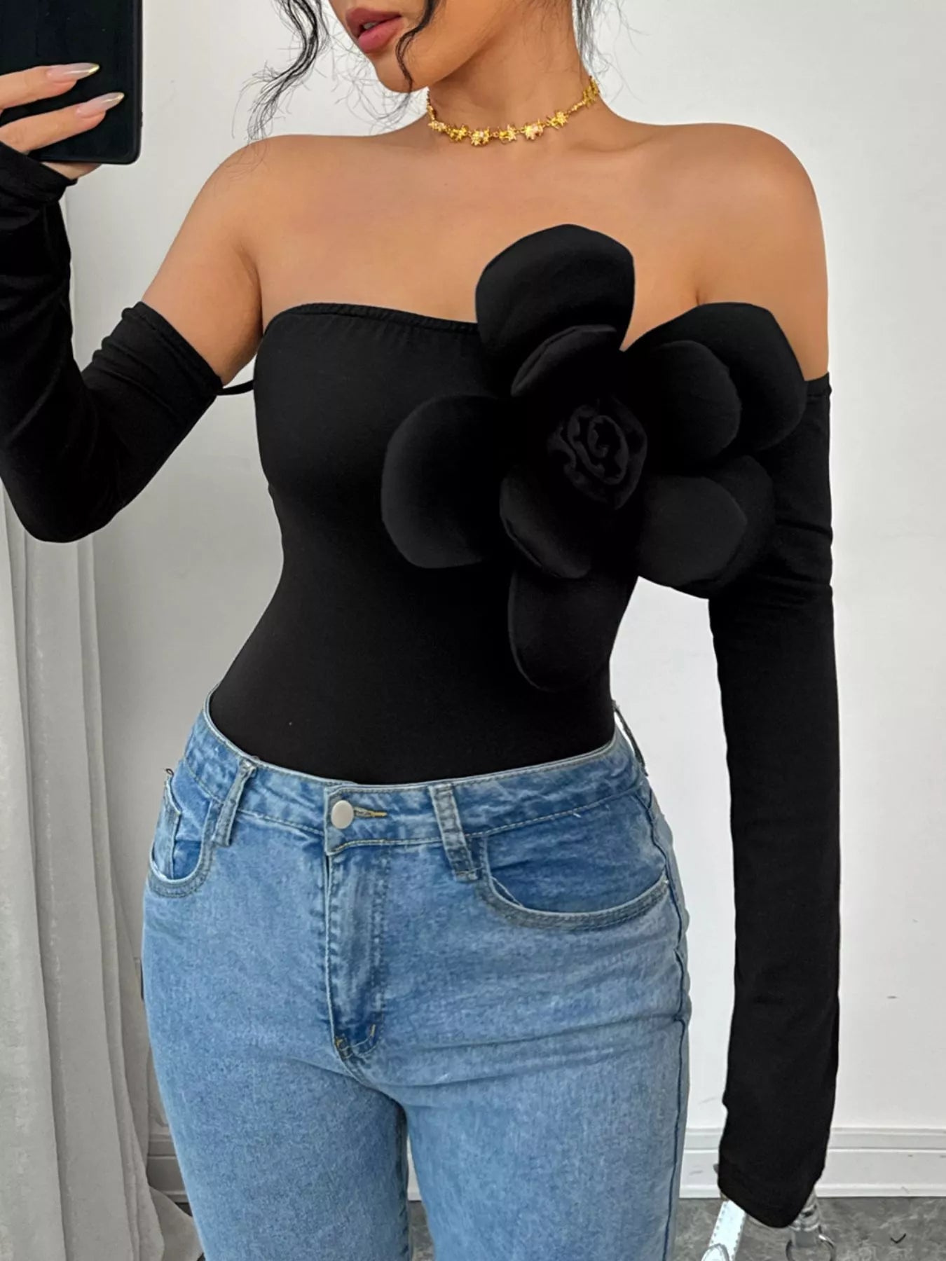 Flower Off - Shoulder Long Sleeve Bodysuit - Flip Flop Dynasty