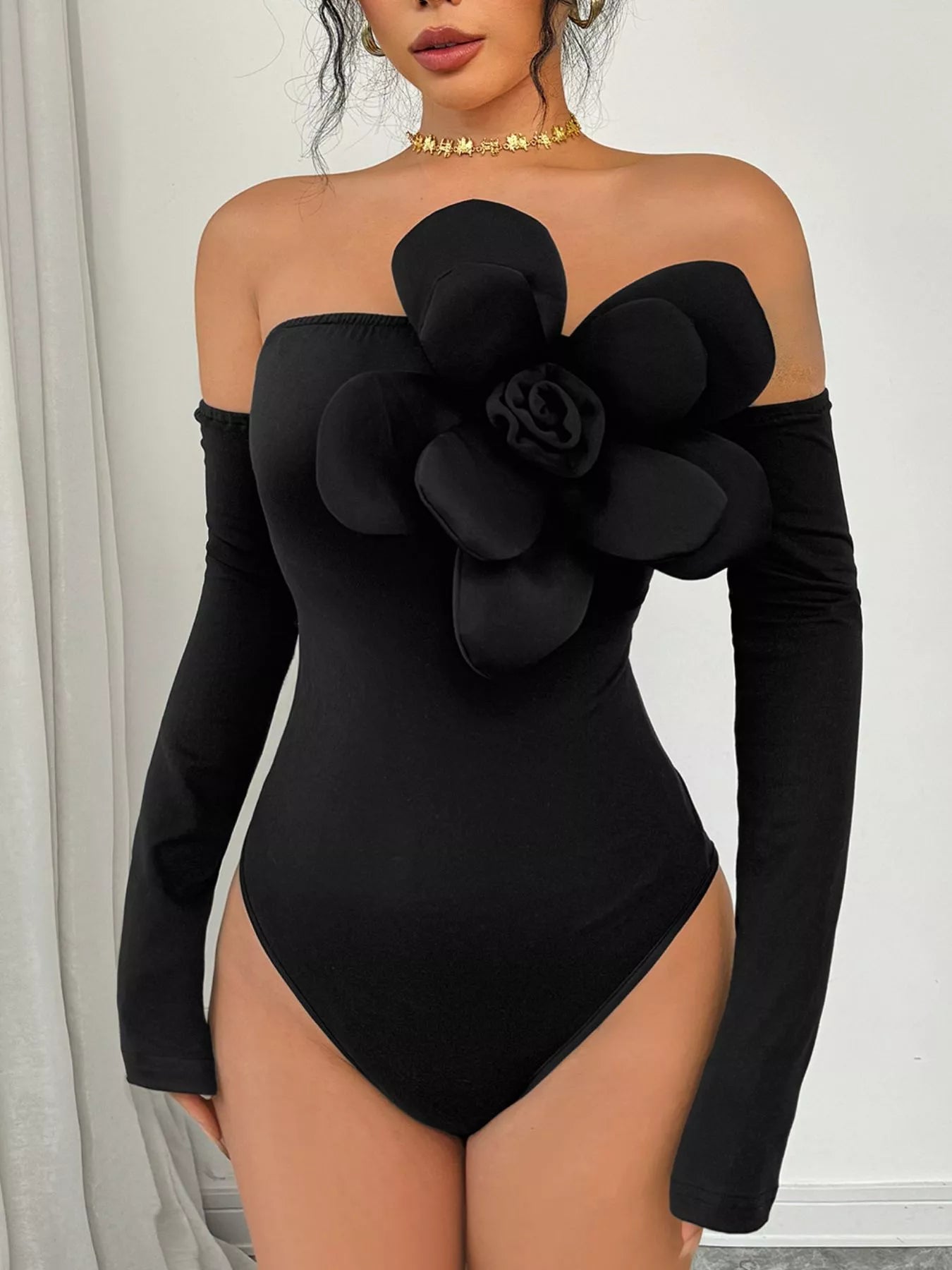 Flower Off - Shoulder Long Sleeve Bodysuit - Flip Flop Dynasty