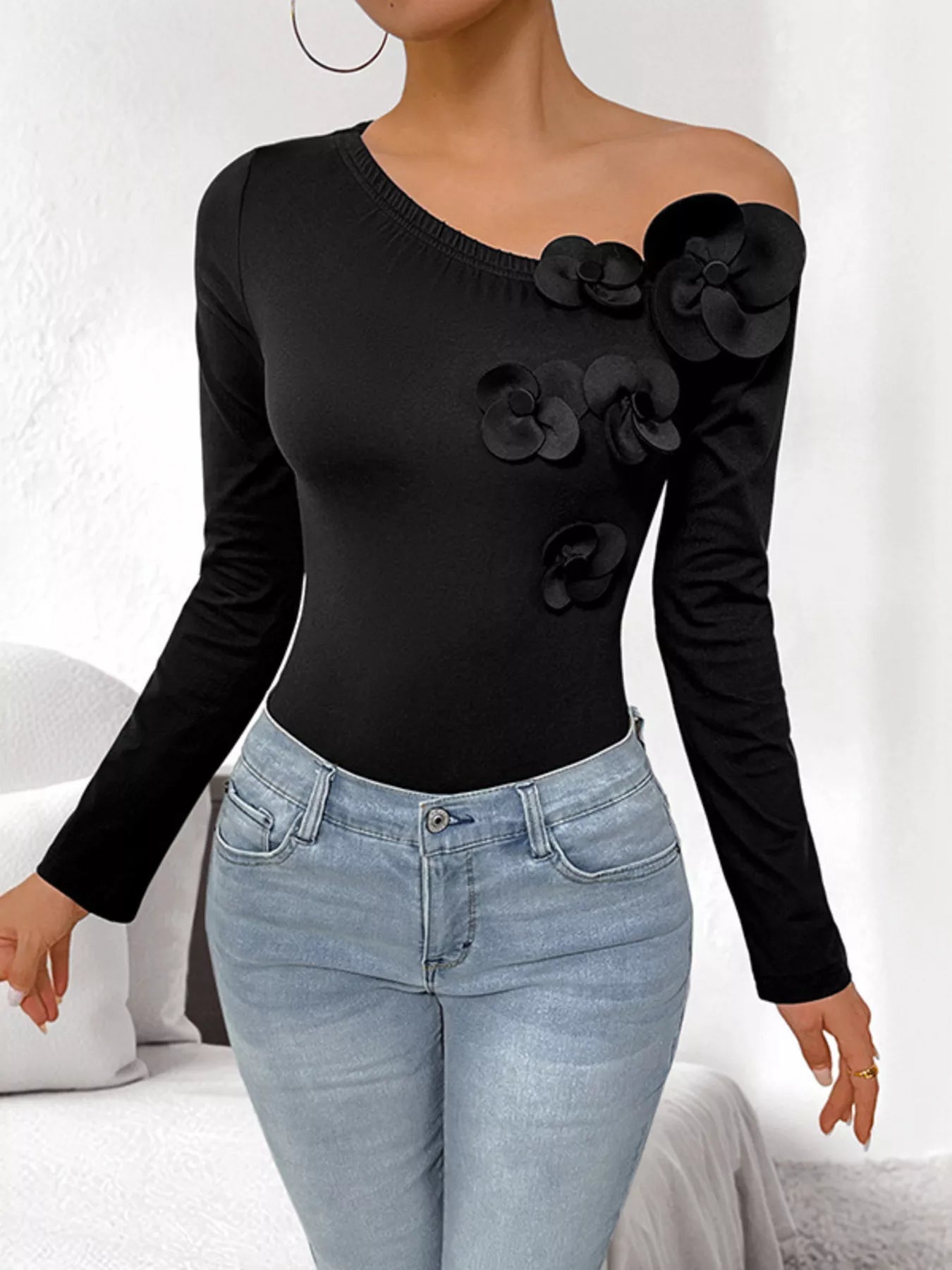Flower One Shoulder Long Sleeve Bodysuit - Flip Flop Dynasty