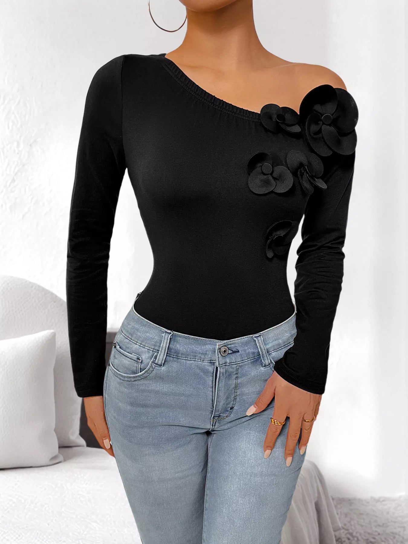 Flower One Shoulder Long Sleeve Bodysuit - Flip Flop Dynasty
