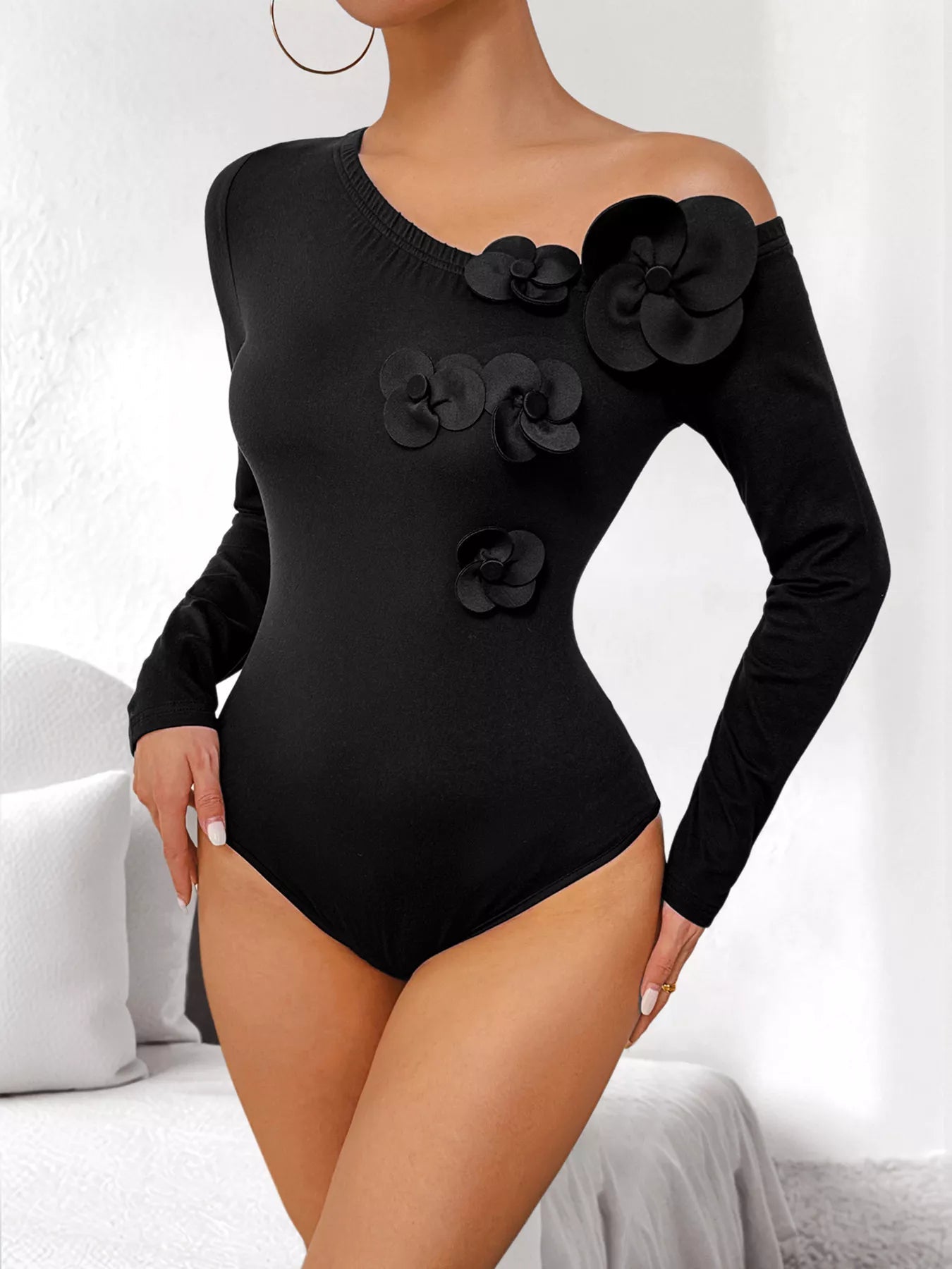 Flower One Shoulder Long Sleeve Bodysuit - Flip Flop Dynasty