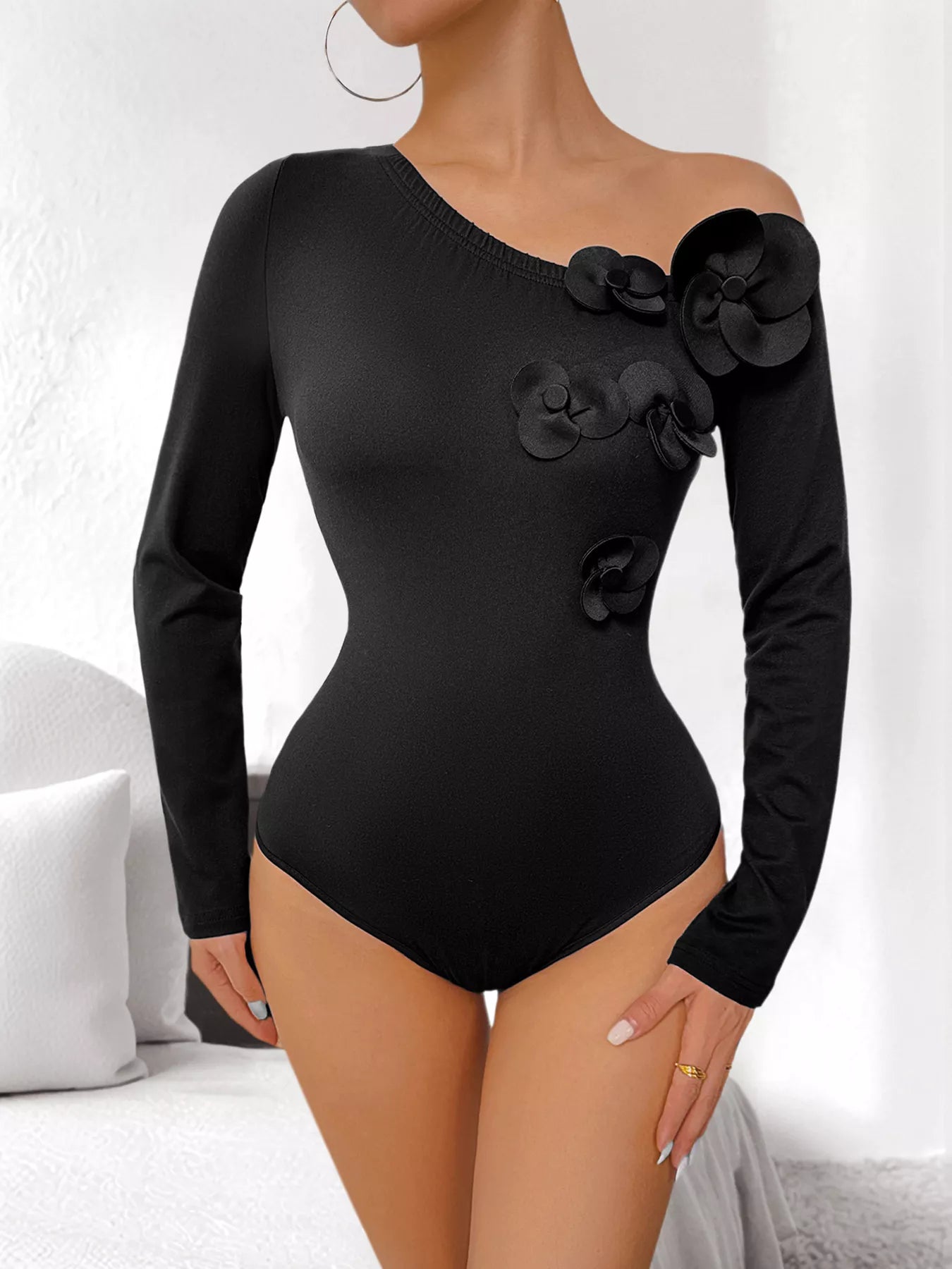 Flower One Shoulder Long Sleeve Bodysuit - Flip Flop Dynasty
