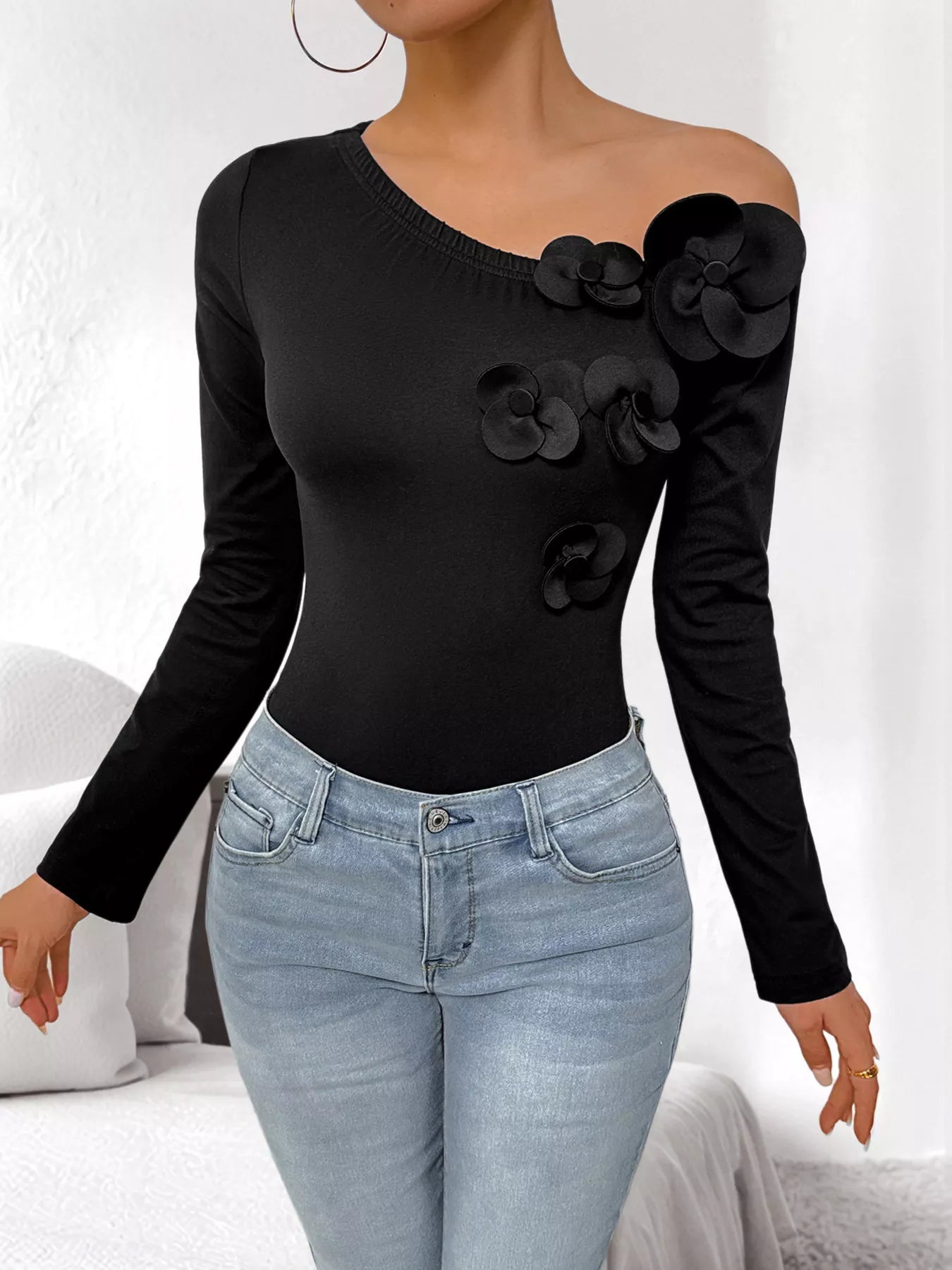 Flower One Shoulder Long Sleeve Bodysuit - Flip Flop Dynasty
