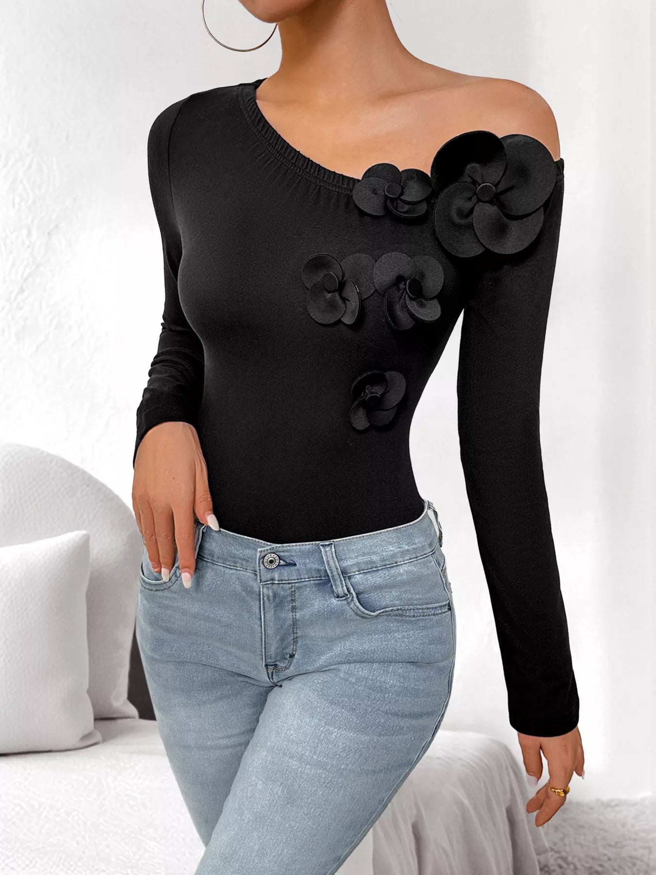 Flower One Shoulder Long Sleeve Bodysuit - Flip Flop Dynasty
