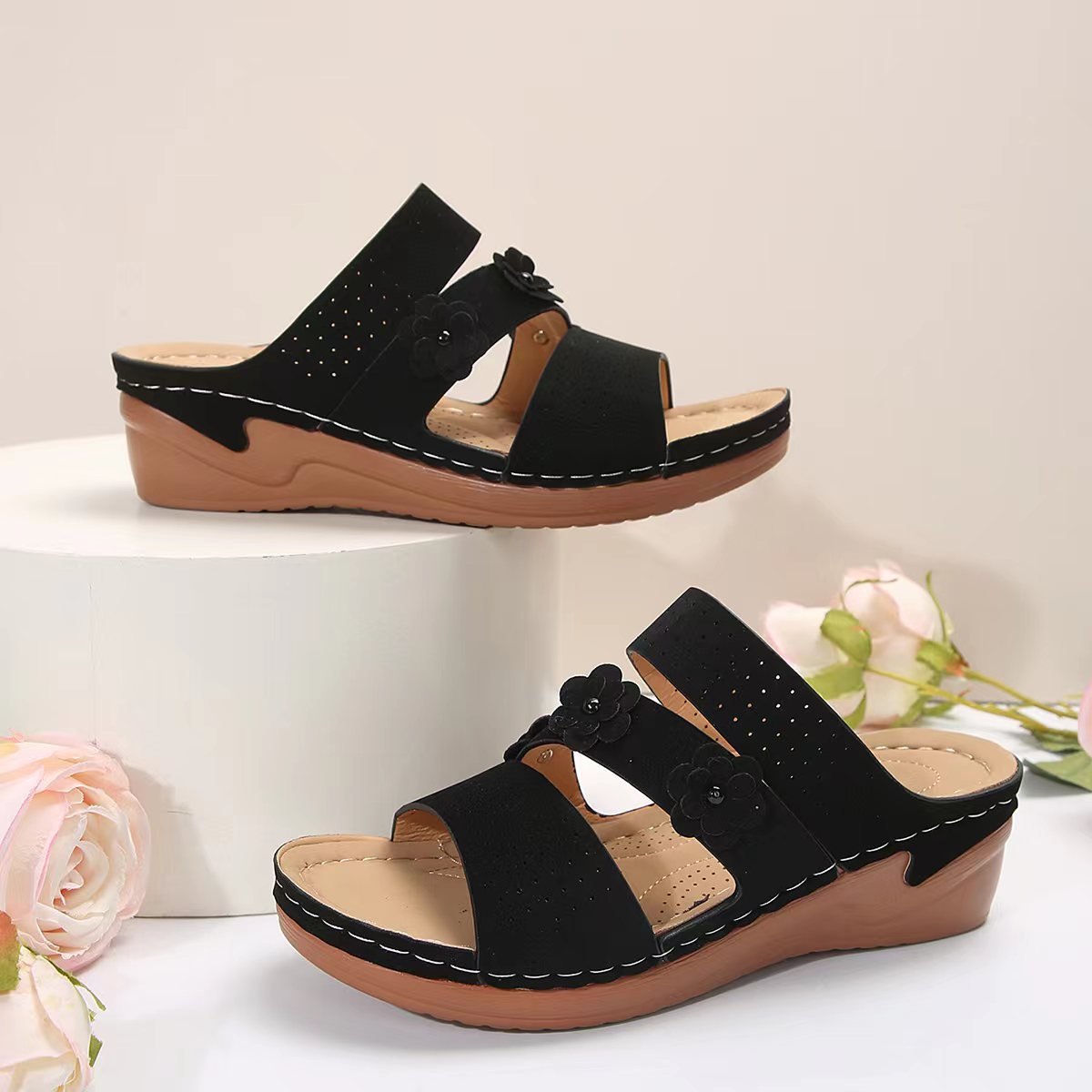 Flower PU Leather Wedge Sandals - Flip Flop Dynasty