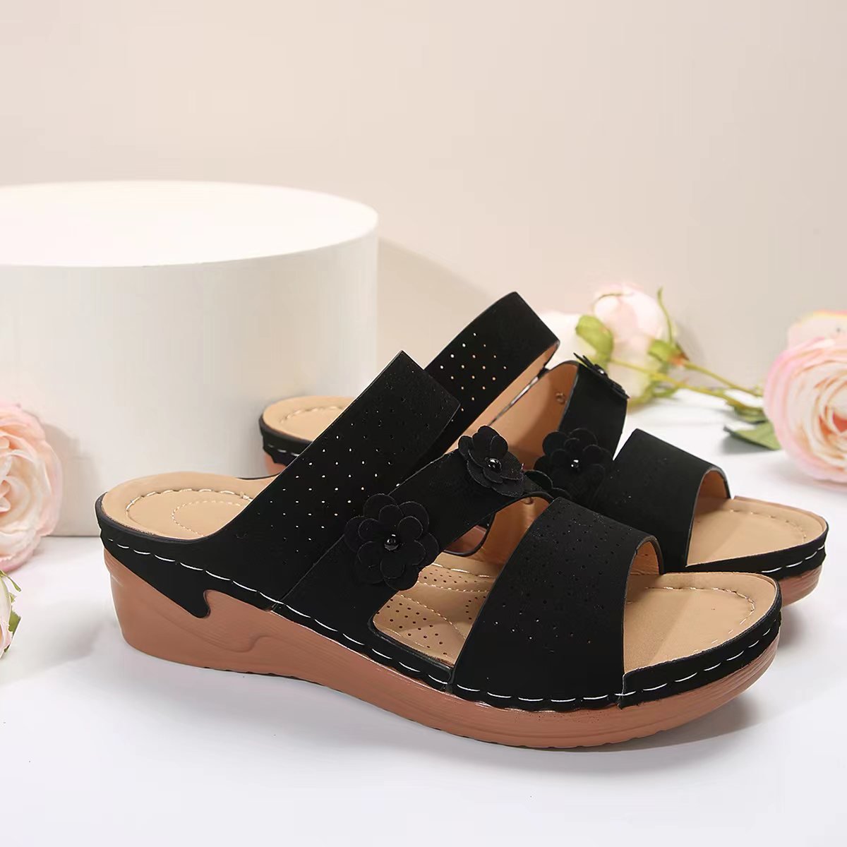 Flower PU Leather Wedge Sandals - Flip Flop Dynasty