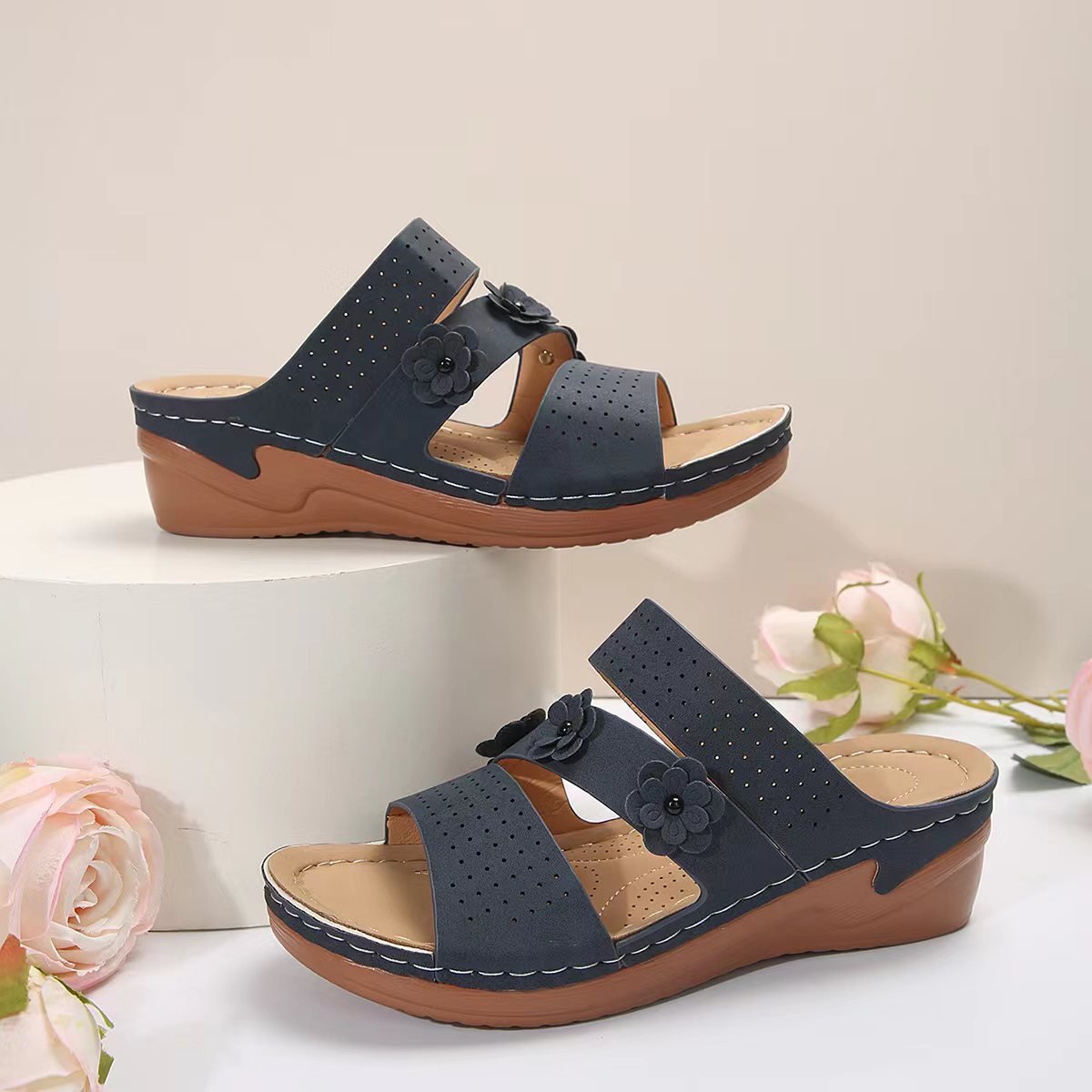 Flower PU Leather Wedge Sandals - Flip Flop Dynasty