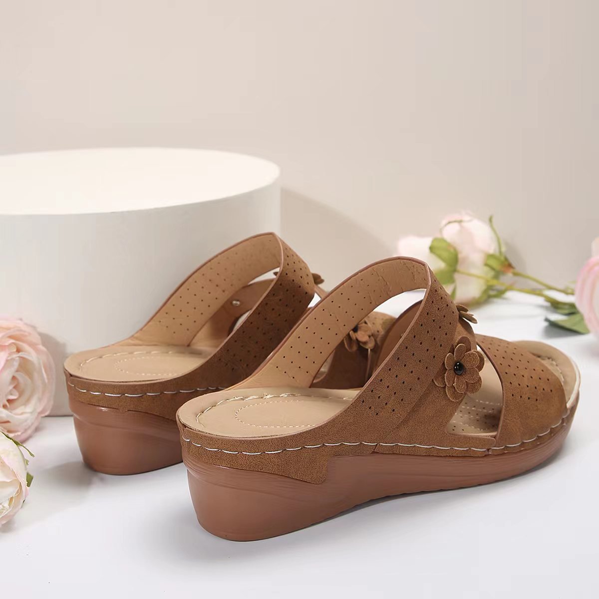 Flower PU Leather Wedge Sandals - Flip Flop Dynasty