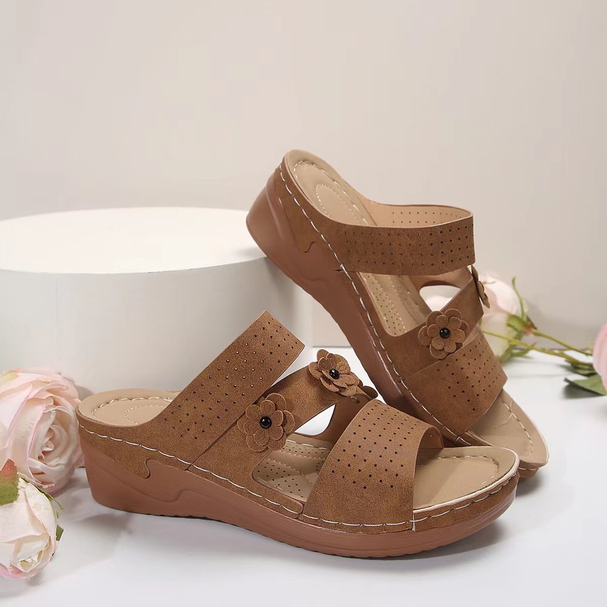 Flower PU Leather Wedge Sandals - Flip Flop Dynasty