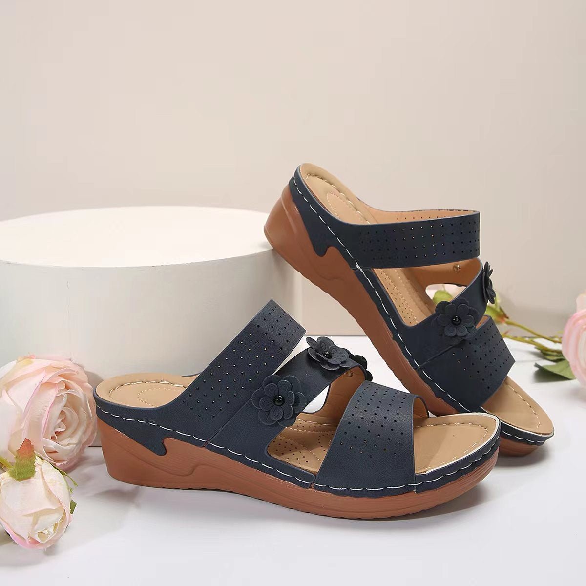 Flower PU Leather Wedge Sandals - Flip Flop Dynasty