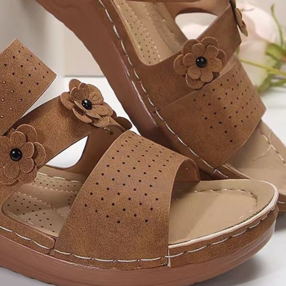 Flower PU Leather Wedge Sandals - Flip Flop Dynasty