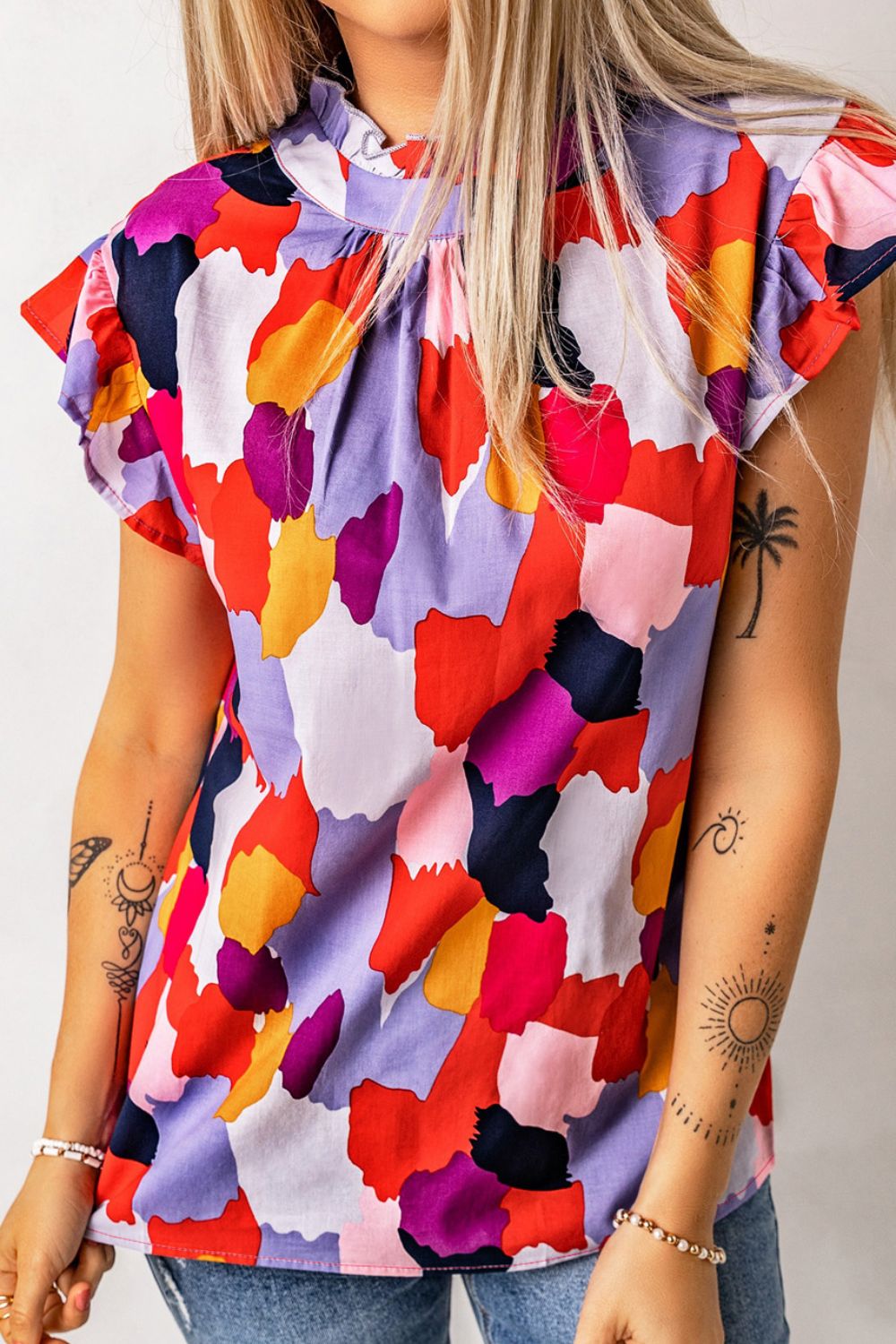Frill Printed Mock Neck Cap Sleeve Blouse - Flip Flop Dynasty