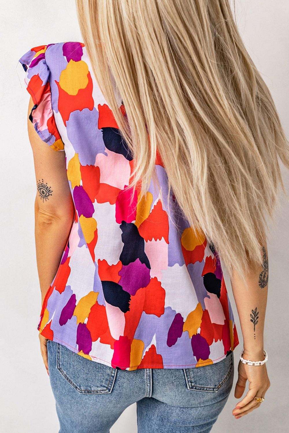 Frill Printed Mock Neck Cap Sleeve Blouse - Flip Flop Dynasty