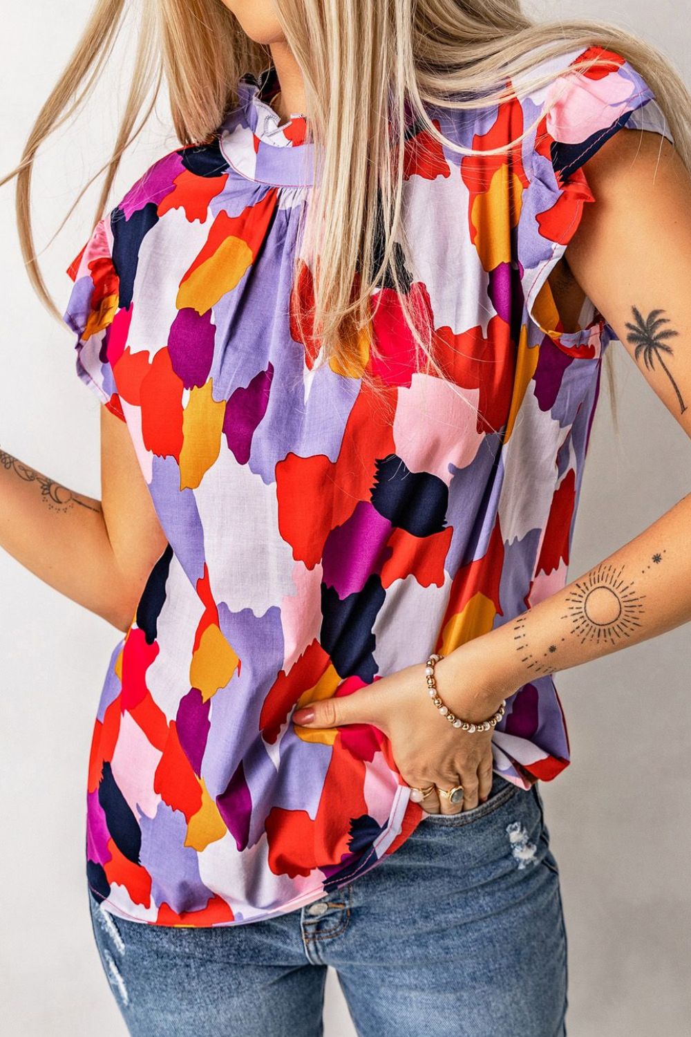Frill Printed Mock Neck Cap Sleeve Blouse - Flip Flop Dynasty