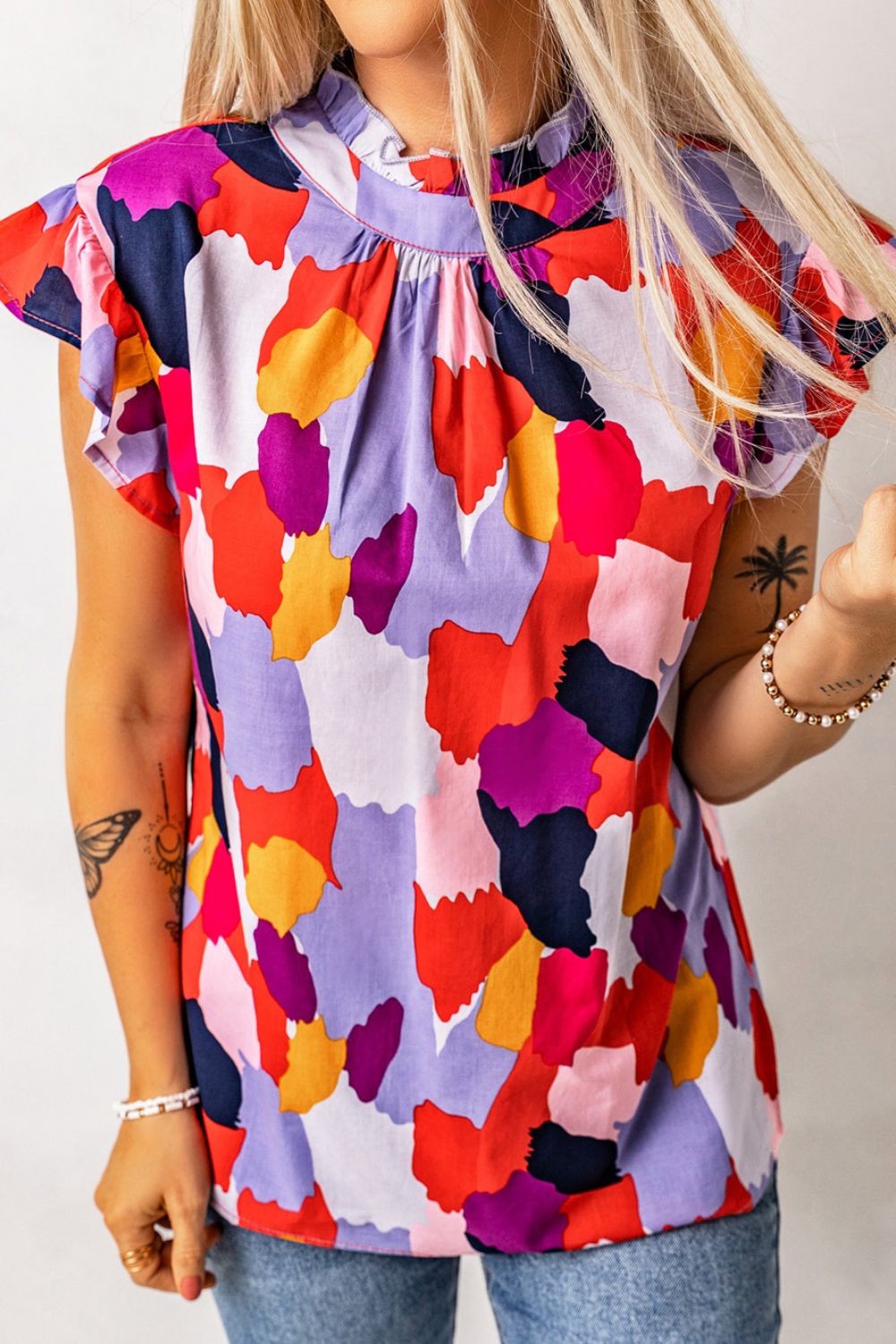 Frill Printed Mock Neck Cap Sleeve Blouse - Flip Flop Dynasty