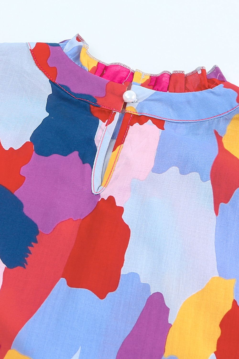 Frill Printed Mock Neck Cap Sleeve Blouse - Flip Flop Dynasty