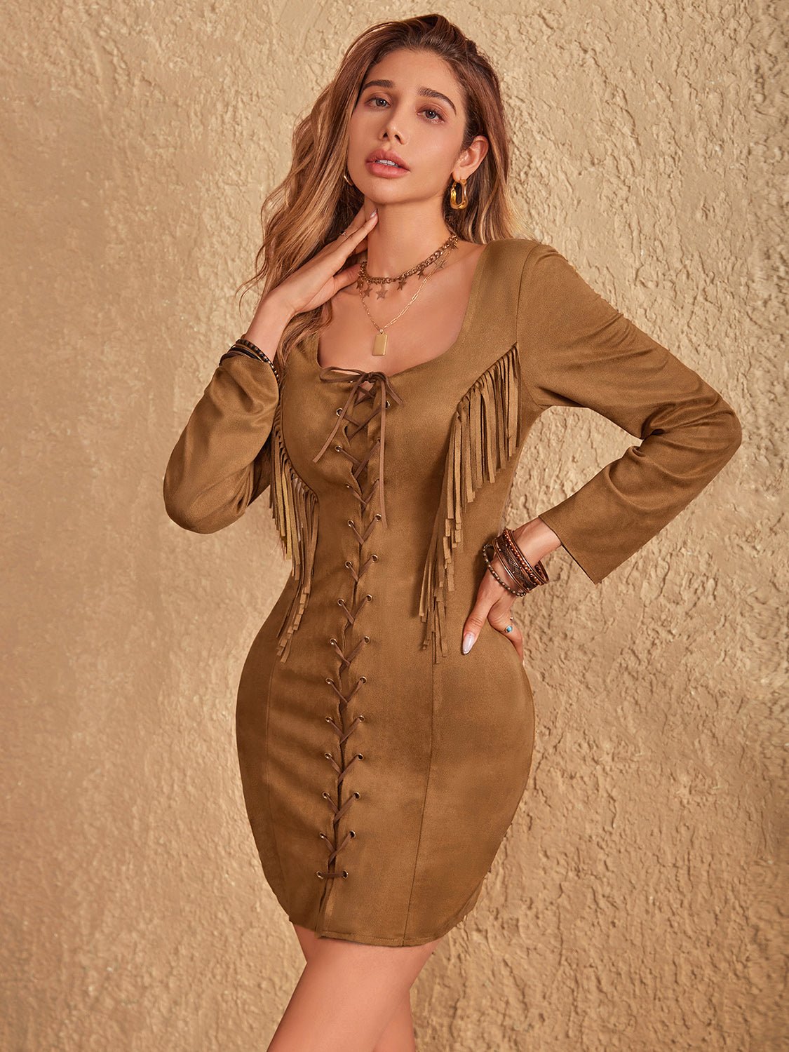 Fringe Lace Up Square Neck Long Sleeve Mini Dress - Flip Flop Dynasty