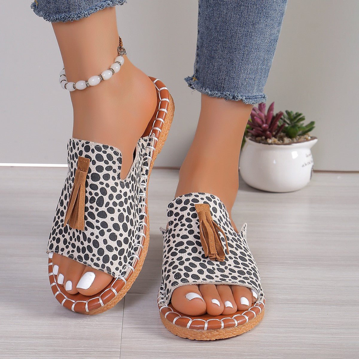 Fringe Leopard Open Toe Sandals - Flip Flop Dynasty
